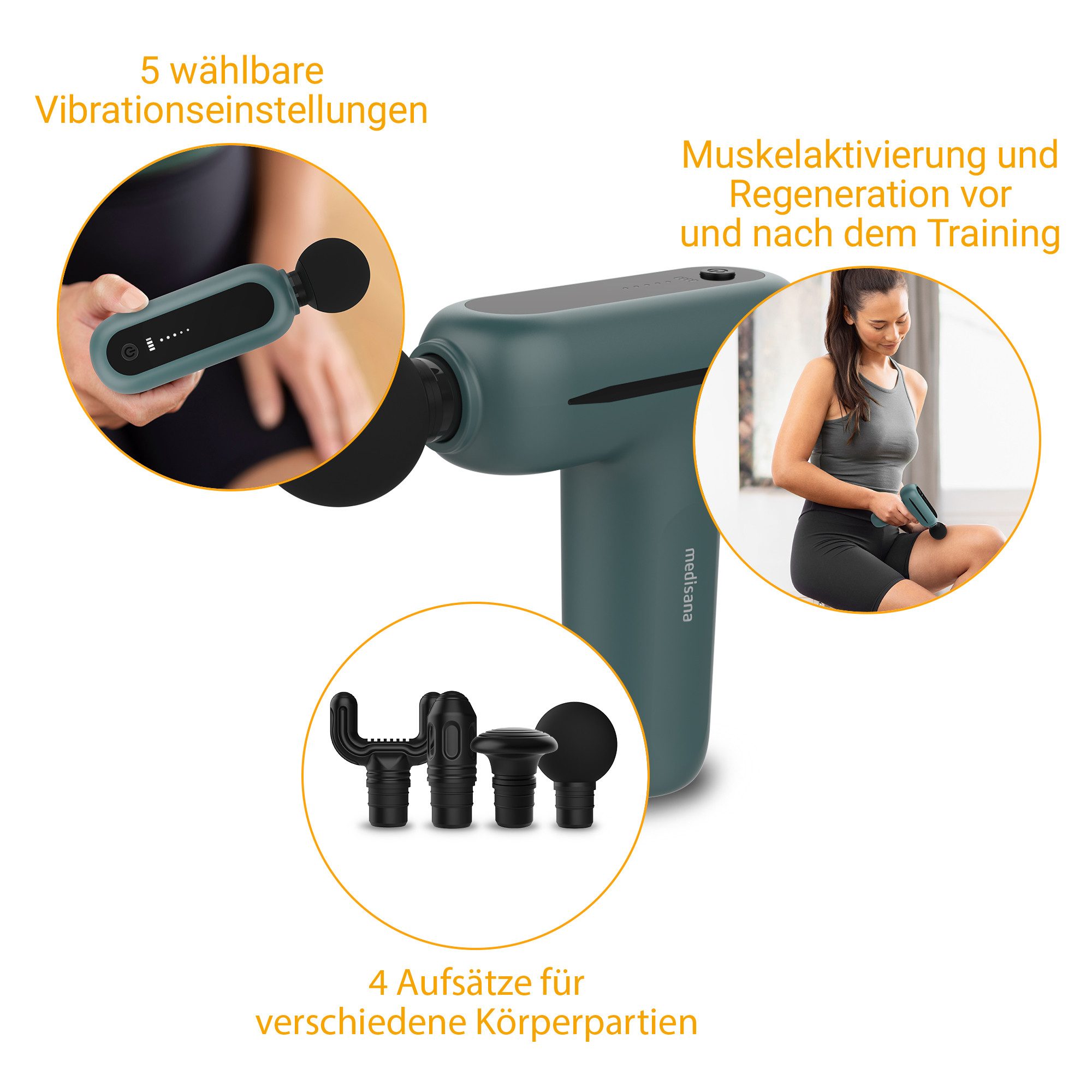 medisana Massagepistole MG 200, Set 5-tlg., Gerät + 4 Aufsätze, 4 Aufsätze, ergonomische Massagepistole mit selbstjustierendem Modus