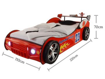 möbelando Autobett Letta, Autobett mit LED-Beleuchtung 90 x 200 cm - Aufregendes Auto Kinderbett für kleine Rennfahrer in Rot - 105 x 60 x 225 cm (B/H/T)