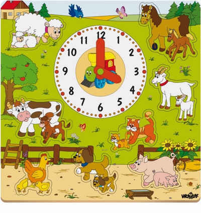 Woodyland Lernspielzeug 93023 - 2in1 Holz Puzzle zum Thema Tiere + Lernuhr mit Zeigern