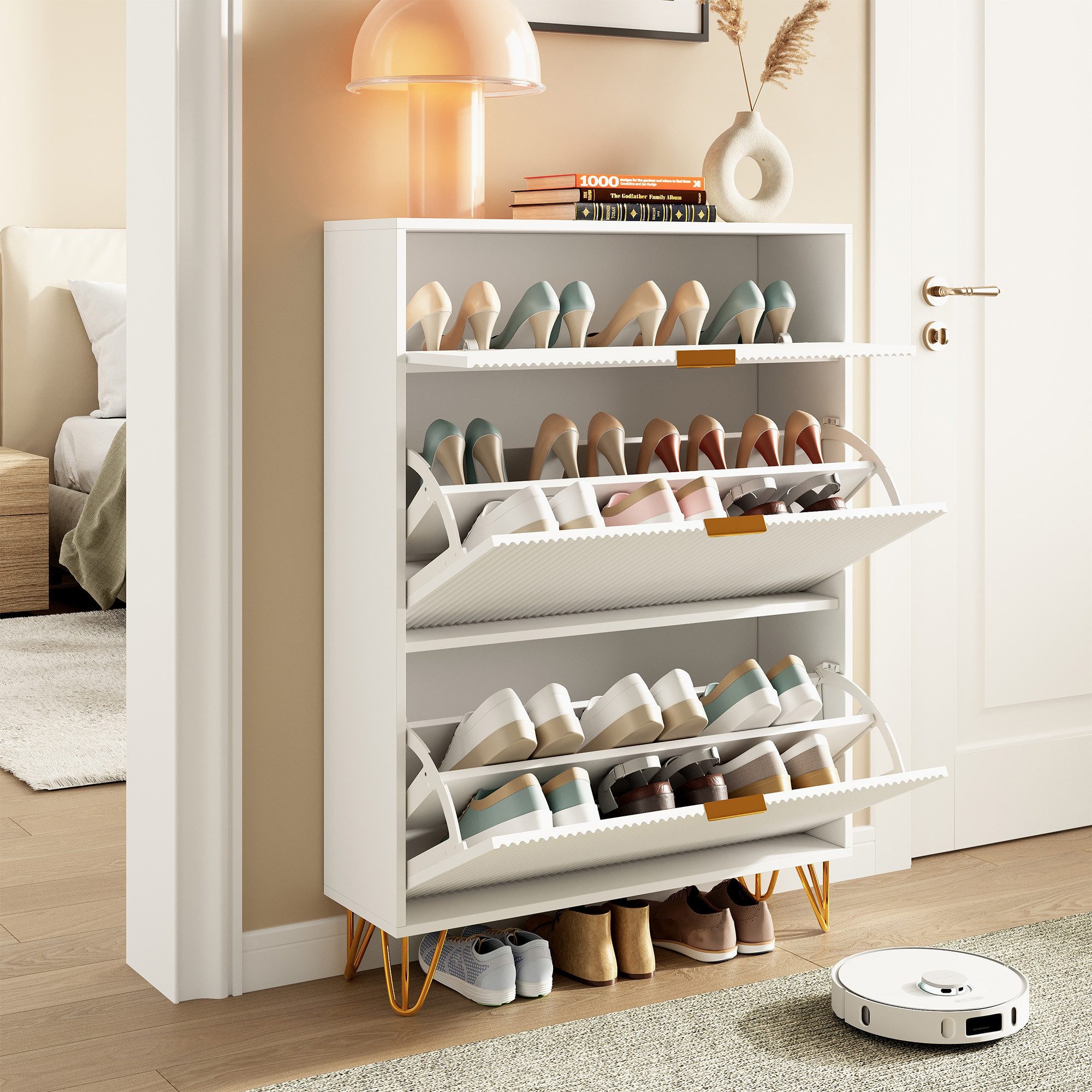 FUROKOY Schuhschrank Weiß Schuhregal Schuhkipper mit 2 Klappen und Kippsicherung (Schmal Schrank Schuhkommode, für 36 Paar Schuhe) für Eingangsbereich, Flur, 80 – Bild 4 von 5