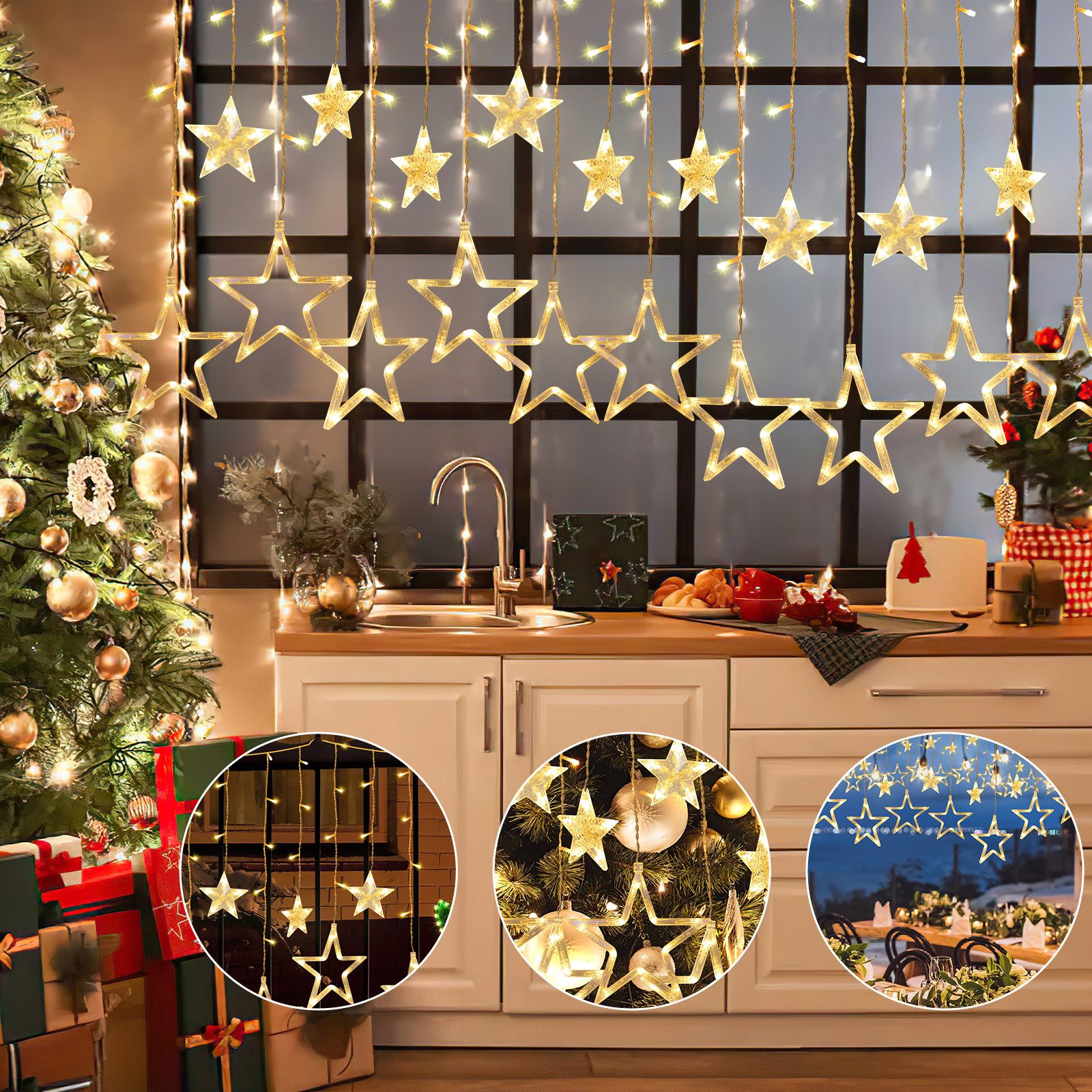 Clanmacy LED-Lichterkette 138 LED Lichterkette Sterne Lichtervorhang Außen Innen Weihnachtsdeko, 138-flammig