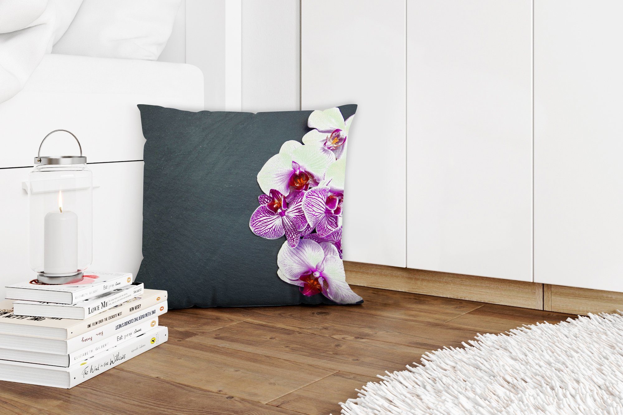 Blumen für mit MuchoWow - Rosa Orchidee Zierkissen Deko, Sofakissen Füllung Flora, Wohzimmer, Dekokissen - Schlafzimmer, -