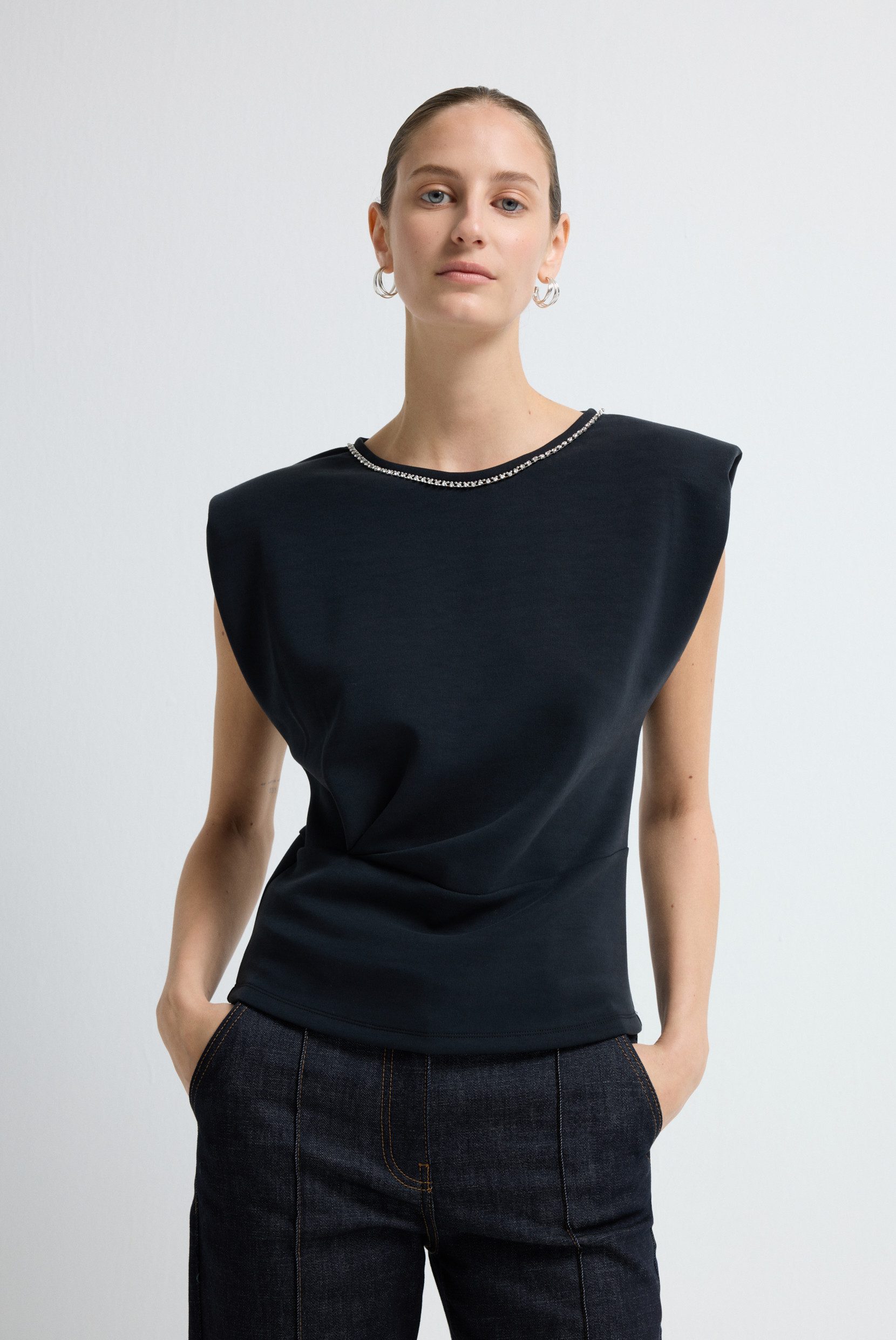 adL Blusentop Bluse mit Schulterpolstern und Strassdetail