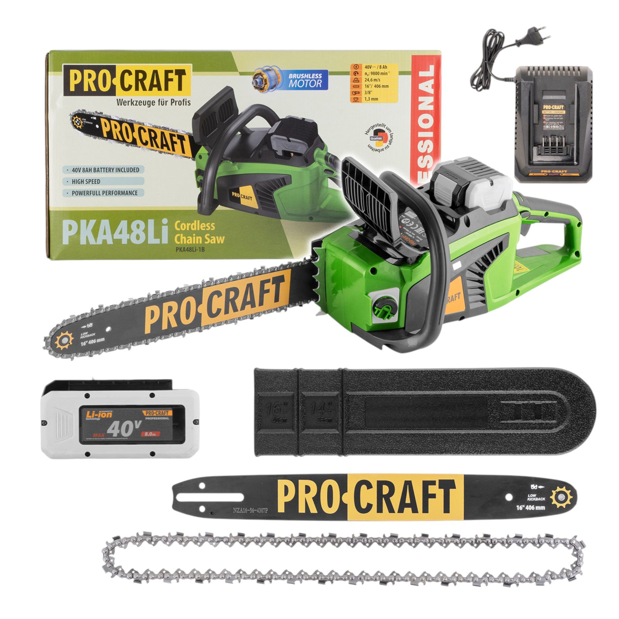 PRO CRAFT Akku-Kettensäge Procraft PKA48Li Akku Kettensäge 40 V 406 mm + 1x Akku 8,0 Ah + Lader