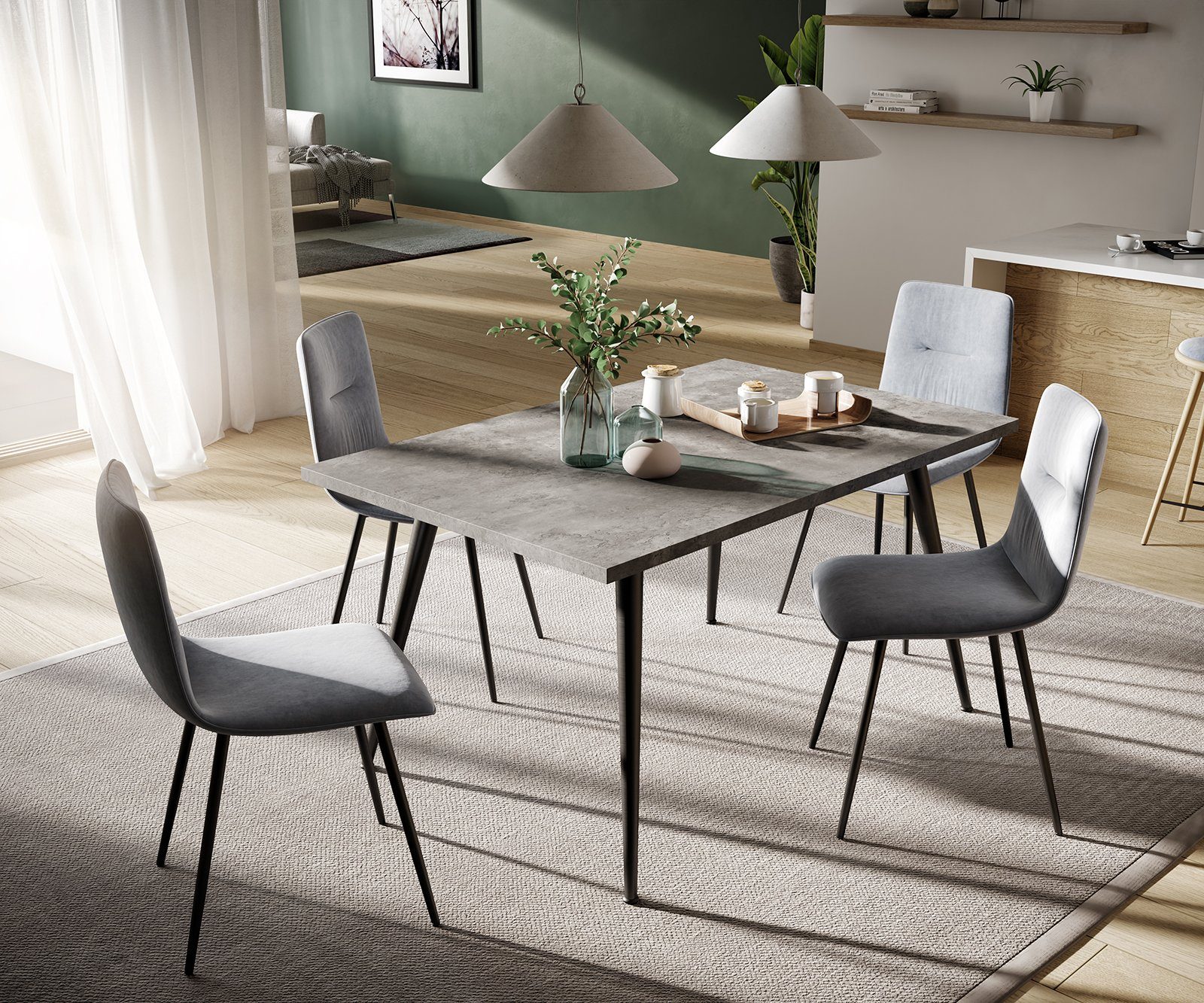 DELIFE Esstisch »Adesso« (1 Tisch + 4 Stühle), Betonoptik 140x90 4Fuß