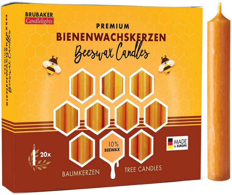 BRUBAKER Bienenwachskerze »Honig-gelbe Baumkerzen aus echtem Bienenwachs« (rauchfreie Weihnachtskerzen, Pyramidenkerzen mit festlichem Weihnachtsduft, 20-tlg), 10% oder 100% Bienenwachs, Mehrfachpackung Christbaumkerzen