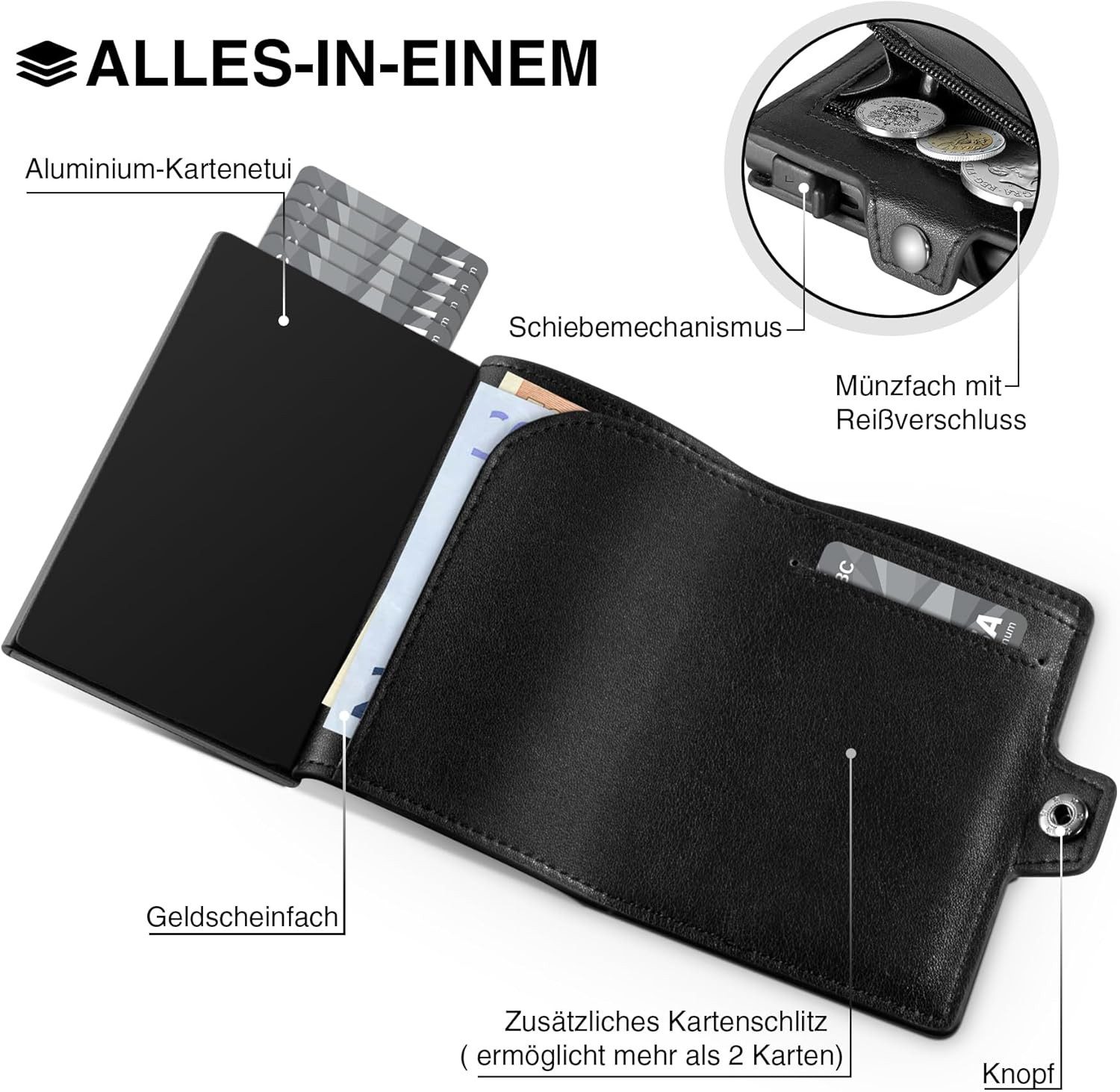TEEHON Geldbörse Geldbeutel Herren Slim Wallet mit RFID-Schutz (Premium Leder Portemonnaie Herren mit Münzfach, 1-tlg., Tragbar und Langlebig Brieftasche Herren), Mini Kreditkartenetui Kartenetui Männer (Schwarz)