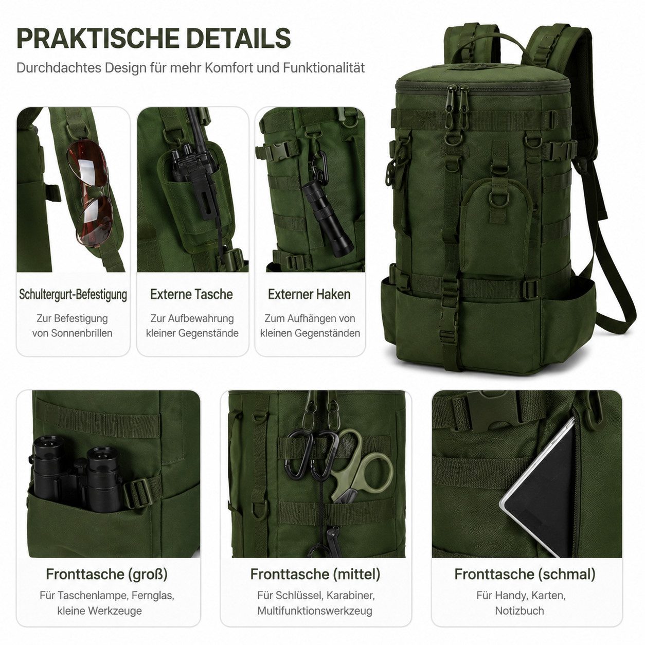 Toomoke Wanderrucksack Großer Outdoor Rucksack wasserdicht, für Camping, Reisen und Alltag (Robuster Reiserucksack mit mehreren Taschen, Multifunktionaler Trekkingrucksack mit MOLLE-System), Befestigungssystem und komfortablem Tragesystem