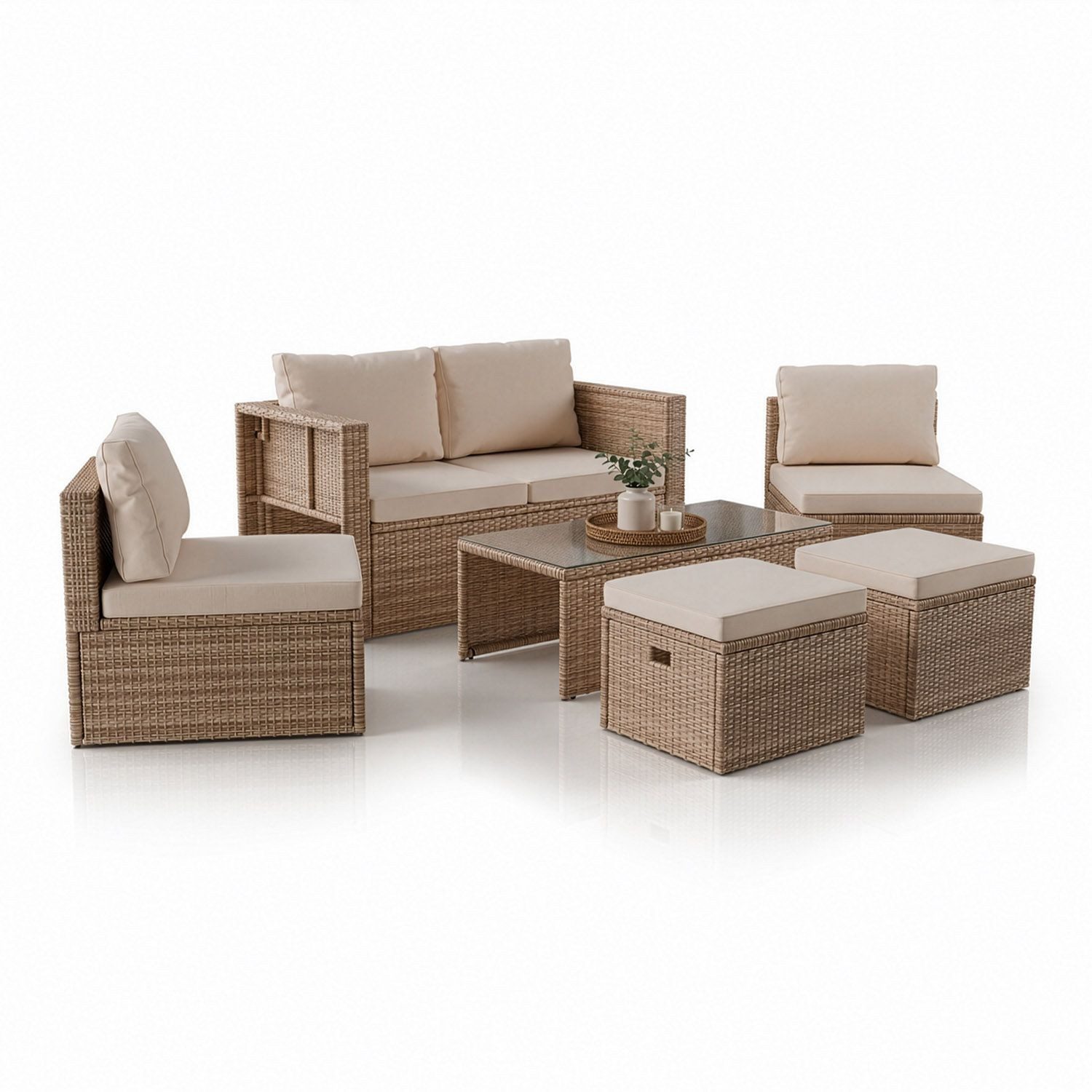 Juskys Gartenlounge-Set Salou, (6-tlg), für 6 Personen, Polyrattan, Glasplatte, wetterfest, mit Kissen