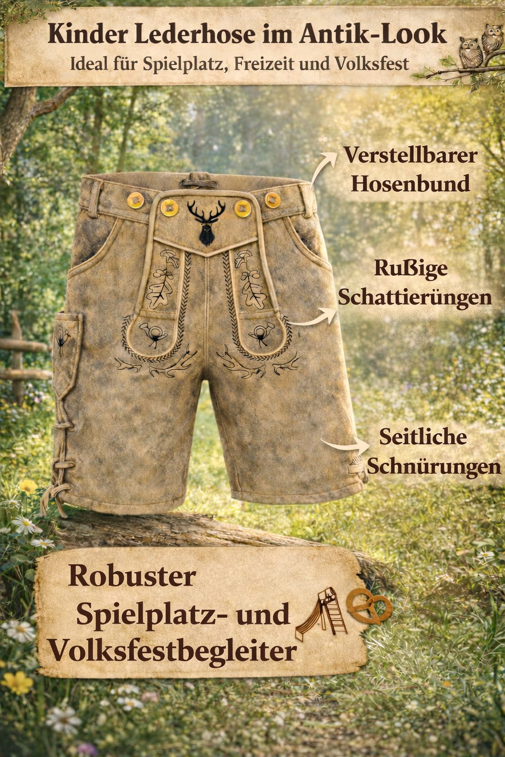 PAULGOS Trachtenhose Kinder Lederhose Kurz mit Trägern 100% Echtleder - KK2 ANTIK