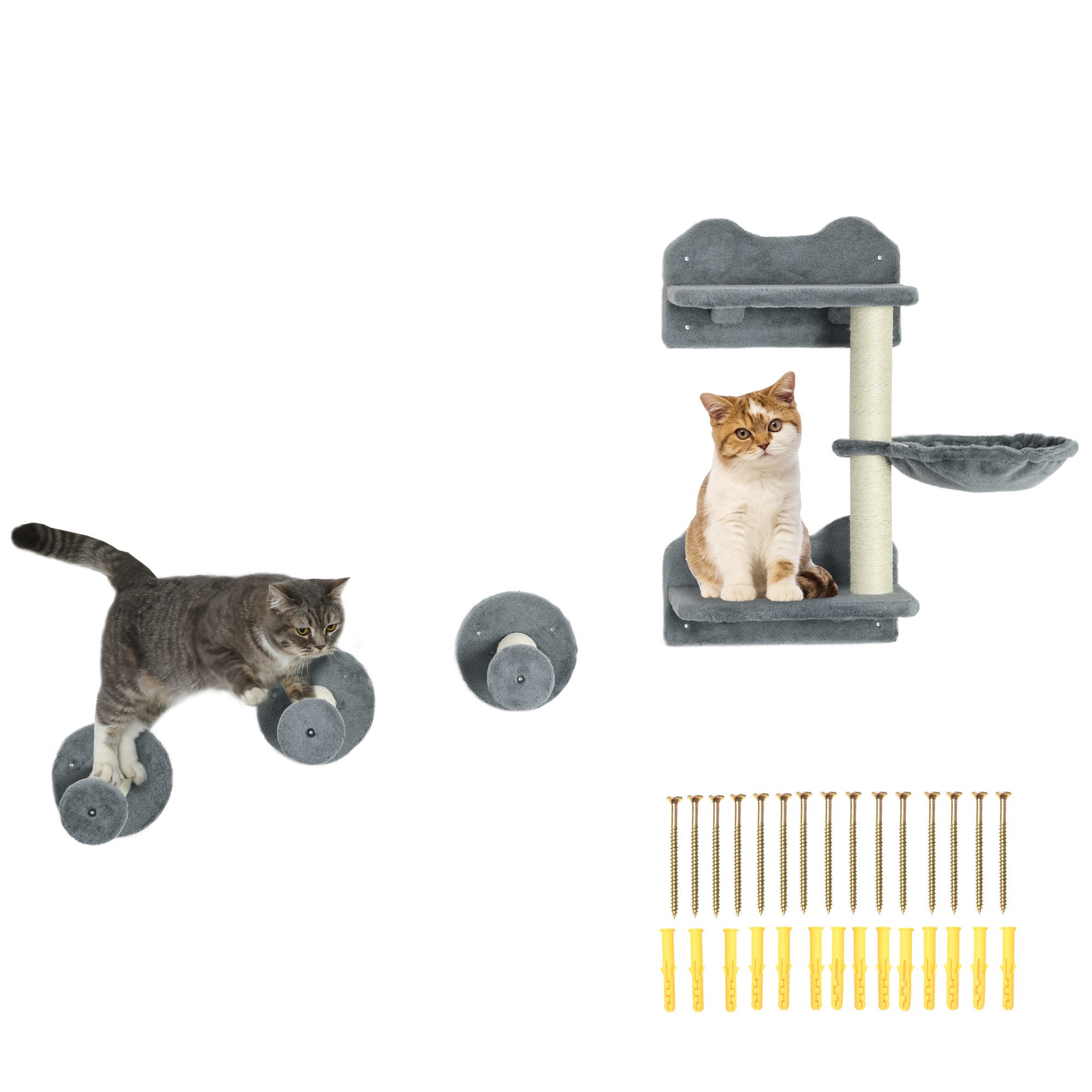 PawHut Katzen-Kletterwand Set mit Sprungturm, Kratzbaum mit Hängematte, bis zu 5 kg, Sisal, Grau, 40 x 28 x 73cm