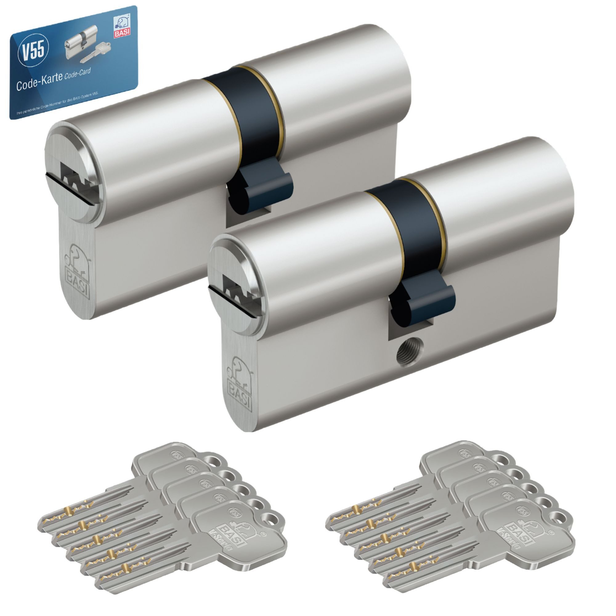 BASI Schließzylinder 2er SET V55, Gleichschließend, diverse Längen, (Spar-Set, 2-St), 2xDoppelzylinder 30/30 mm, 5 Stiftzuhaltungen, 10 Schlüssel, Codekarte