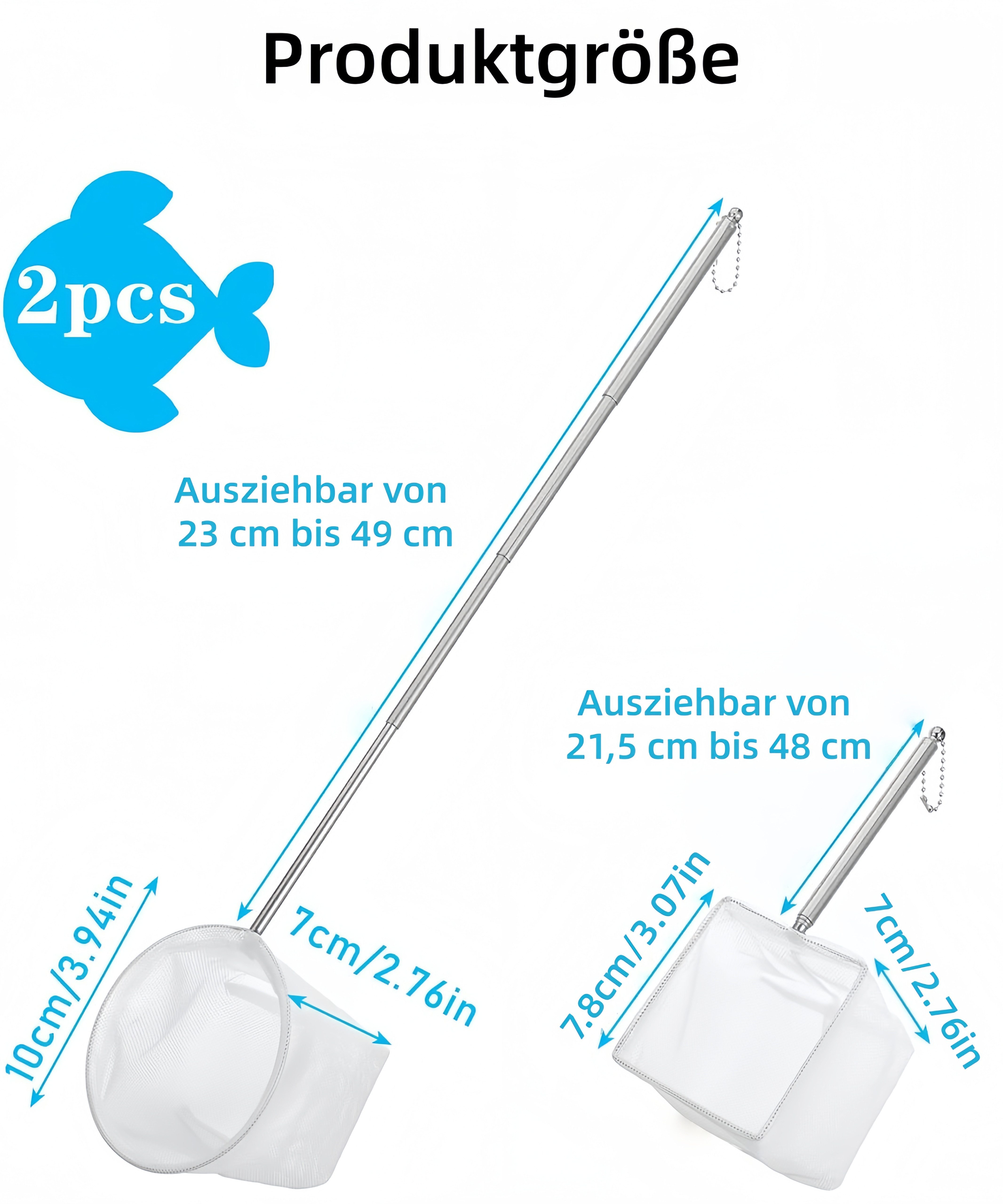 FOUORTUNATE-BEE Angelkescher 2 Mini-Fischnetze mit ausziehbarem Metallgriff (2-St), Kleine Kescher für Fische, Garnelen und Aquarien