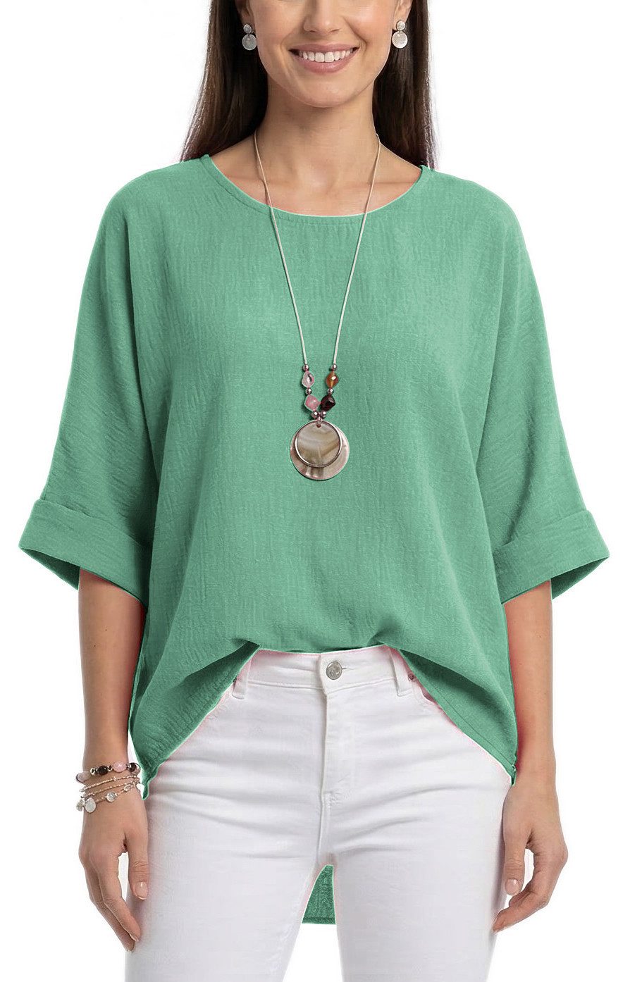 dy_mode Kurzarmbluse Damen Bluse Oversize Tunika Leichte Viskosebluse Halbarm in Unifarbe, High-Low Saum, mit passende Kette