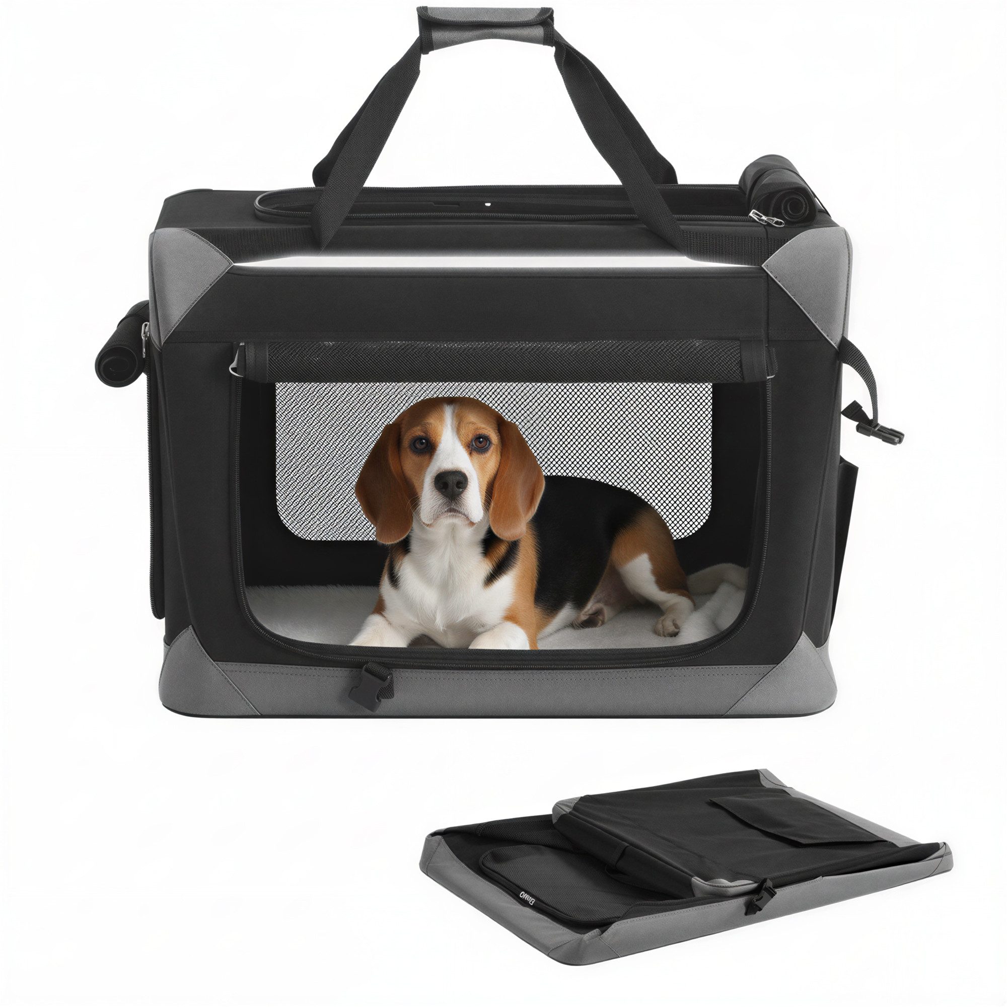 FEANDREA Hunde-Transportbox Hundebox faltbar, Hundetasche, Oxford-Gewebe, tintenschwarz-taubengrau, mit 4 Türen aus Netzstoff, Griffen, Tasche, 60 cm, für kleine Hunde