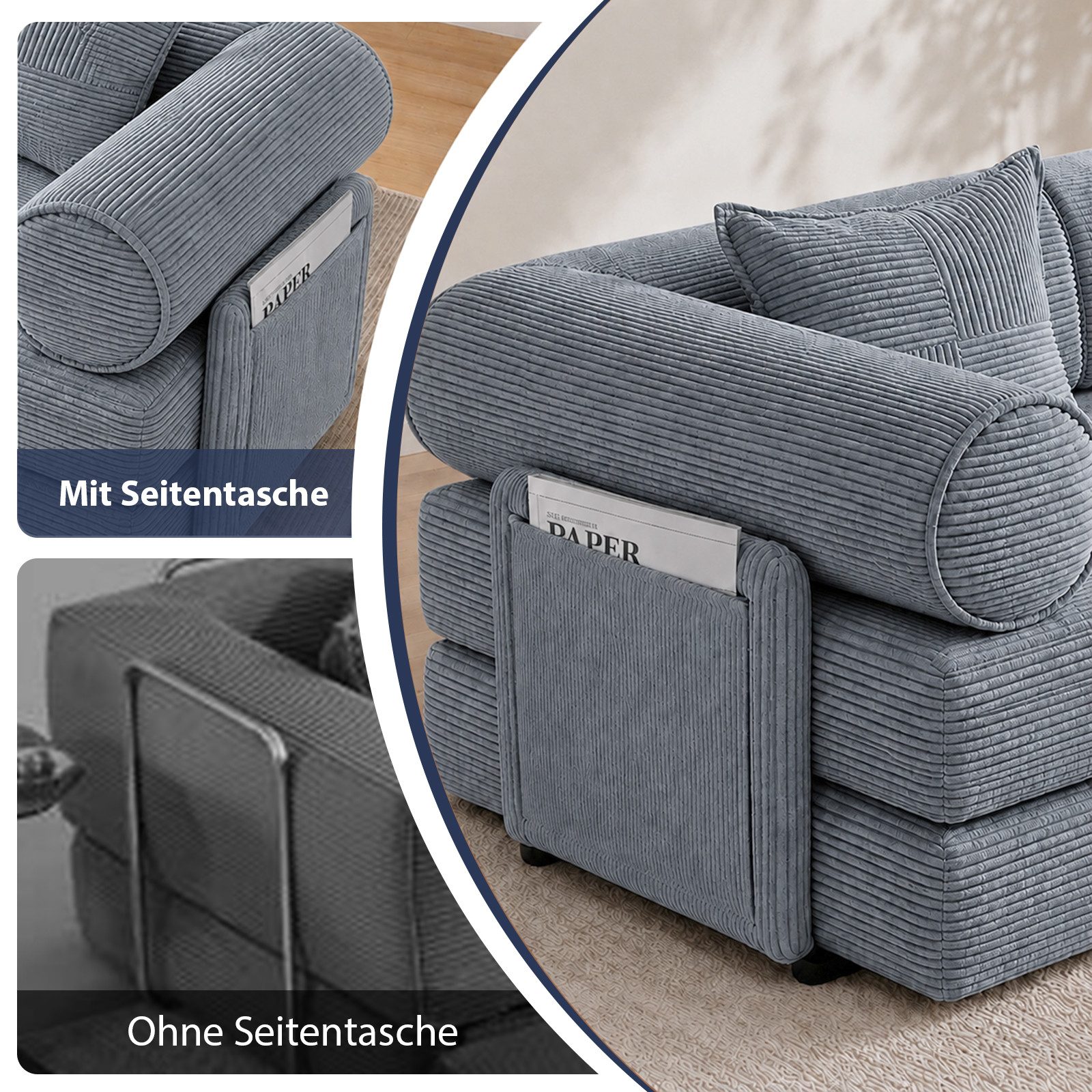 Hoolamyie Sofa 6-in-1 Cord Schlafsofa mit Schlaffunktion, 200 cm breit, 2-Sitzer, Modulares Sofa, ohne Montage, komprimiert verpackt, bis 200 kg – Bild 5 von 5