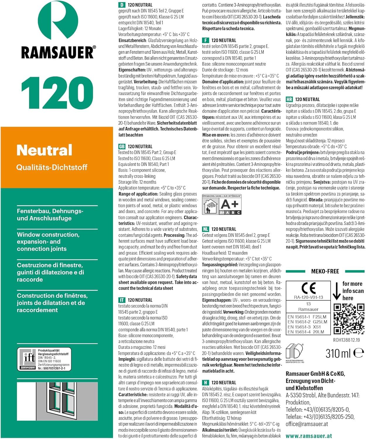 Ramsauer Dichtstoff Ramsauer 120 Neutral Silikon Dichtstoff 310ml Kartusche, gebrauchsfertig, UV- und witterungsbeständig, anstrichverträglich