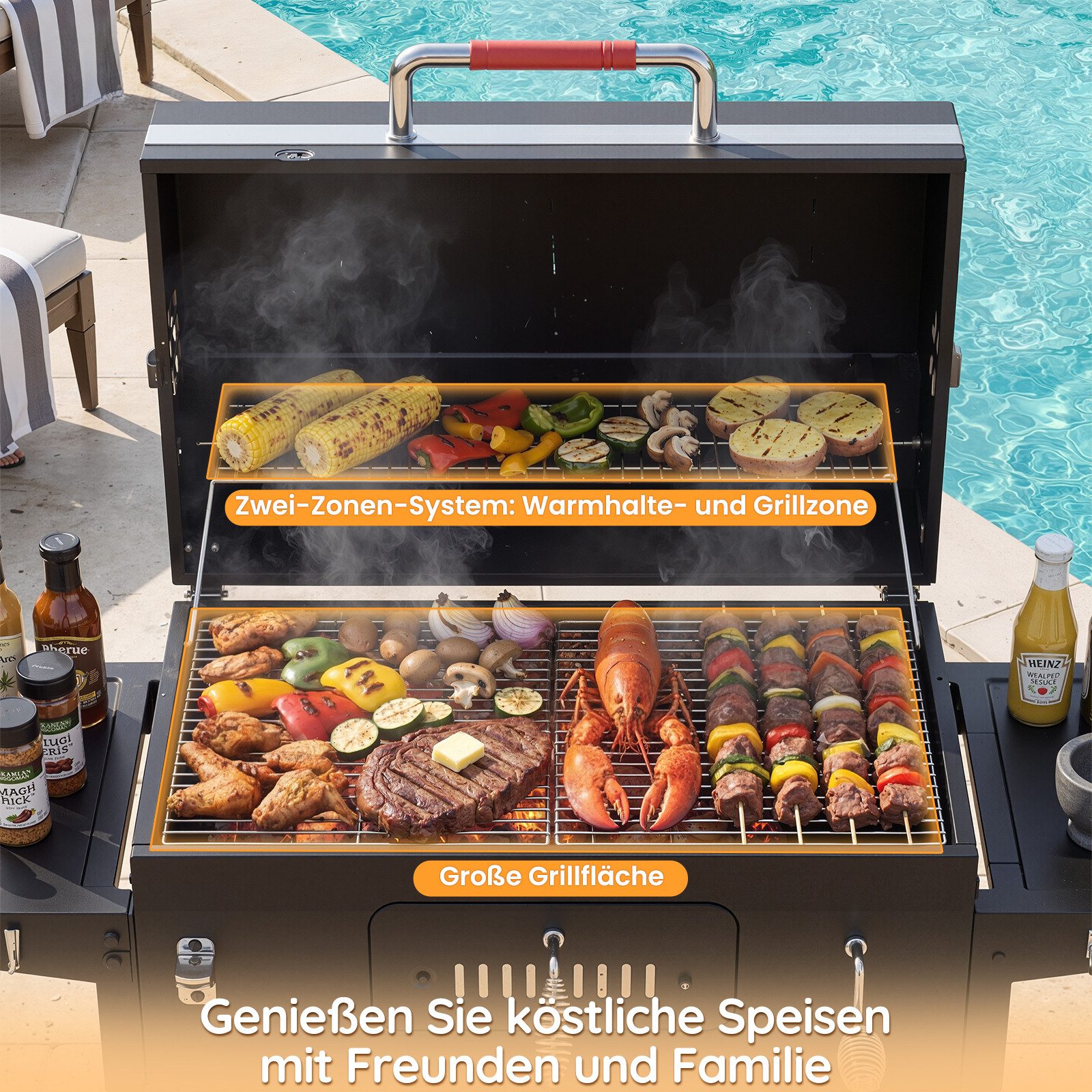 HOMALL Holzkohlegrill XXL Grill Holzkohle, mit Grillzubehör Set, Grillfläche: 71×43cm, Großer Holzkohlegrill mit Rädern, Grillstation mit Warmhaltezone & Belüft – Bild 4 von 5
