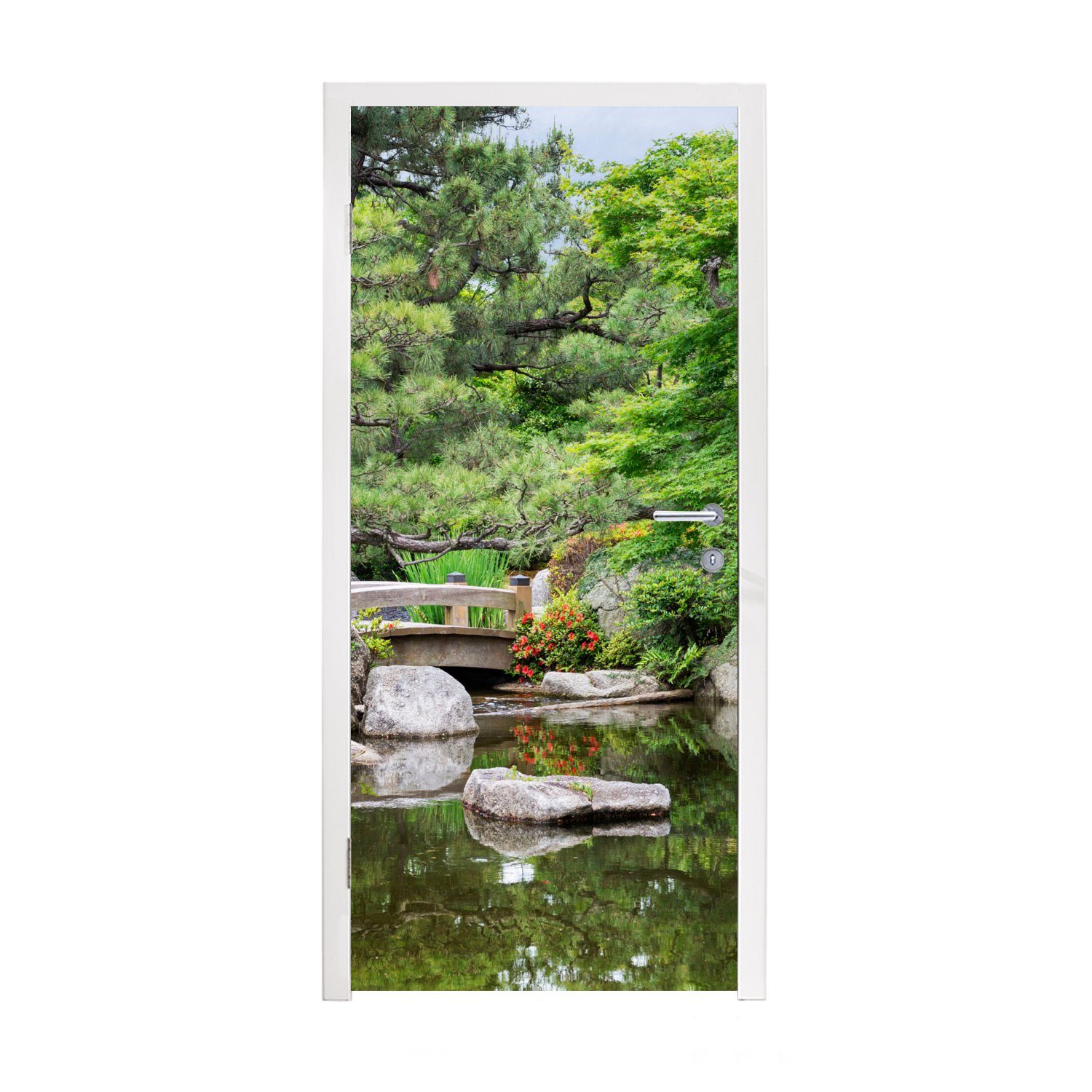 75x205 Tür, Türaufkleber, Fototapete St), - MuchoWow Türtapete (1 - - Matt, Bäume, - bedruckt, Steine Japanisch Natur cm Wasser für