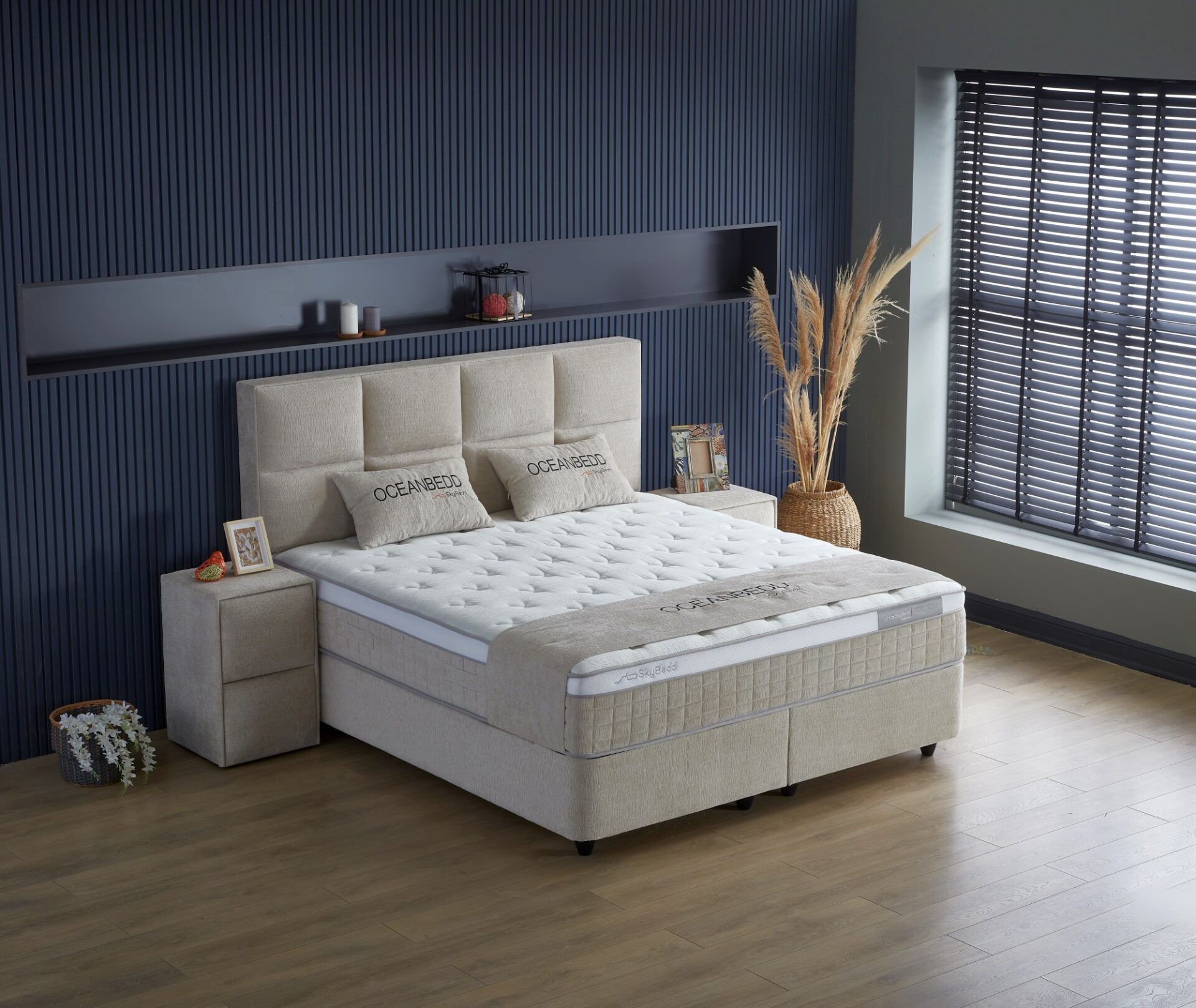 gowoll Boxspringbett Polsterbett Doppelbett Stauraumbett mit Kopfteil Boxspringbett Ocean (Stauraumbett Boxbett Boxspringbett Set), Polsterbett Kontinentalbett, dekorativem Kopfteil
