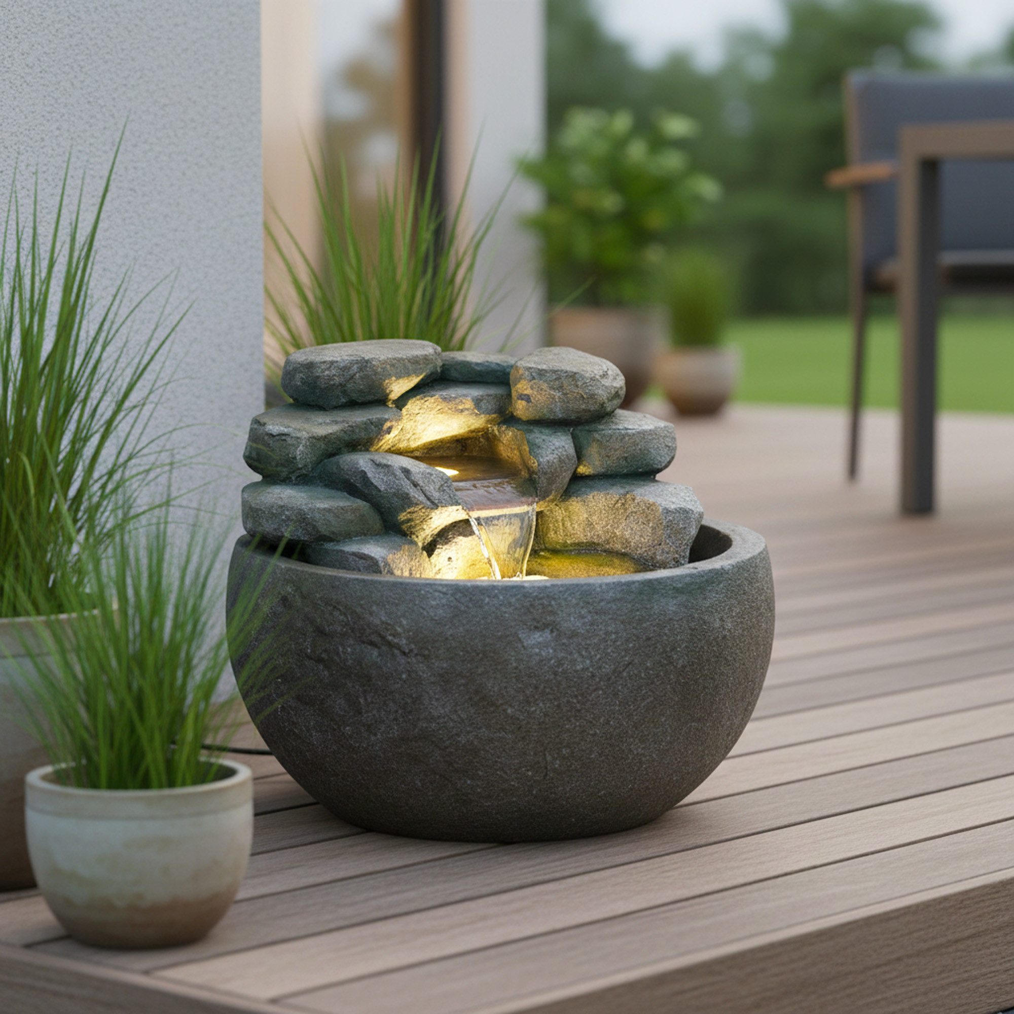 Arnusa Gartenbrunnen Springbrunnen BK911 runder Wasserfall Brunnen mit LED Beleuchtung, Steinoptik Gartenteich Dekoteich