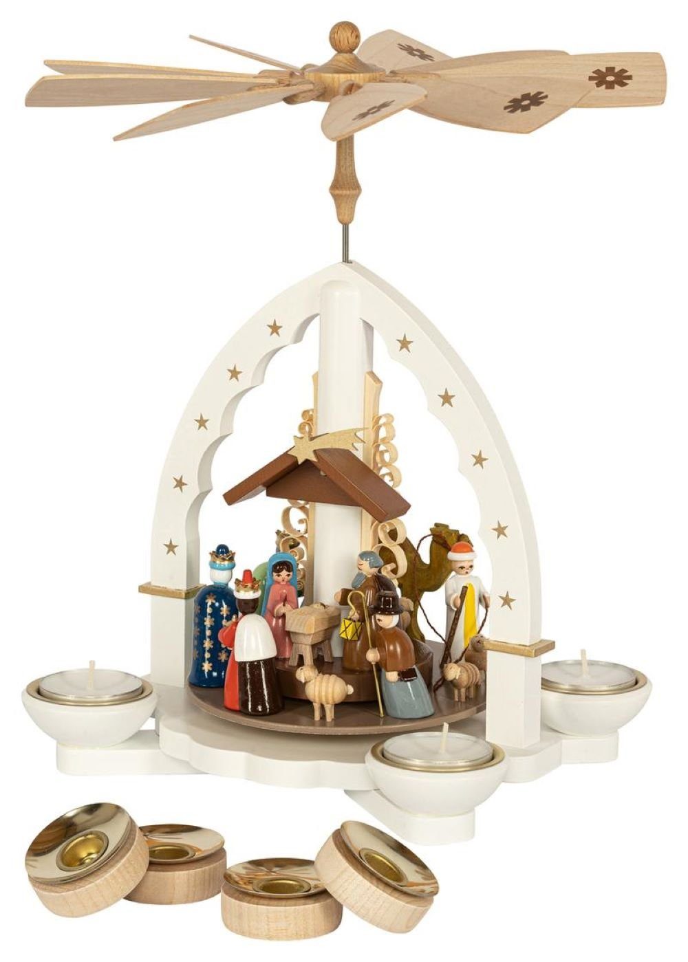 Richard Glaesser Weihnachtspyramide Heilige Familie weiß für Teelicht und Kerzen direkt vom Hersteller, Handwerkskunst aus dem Erzgebirge | Weihnachtspyramiden