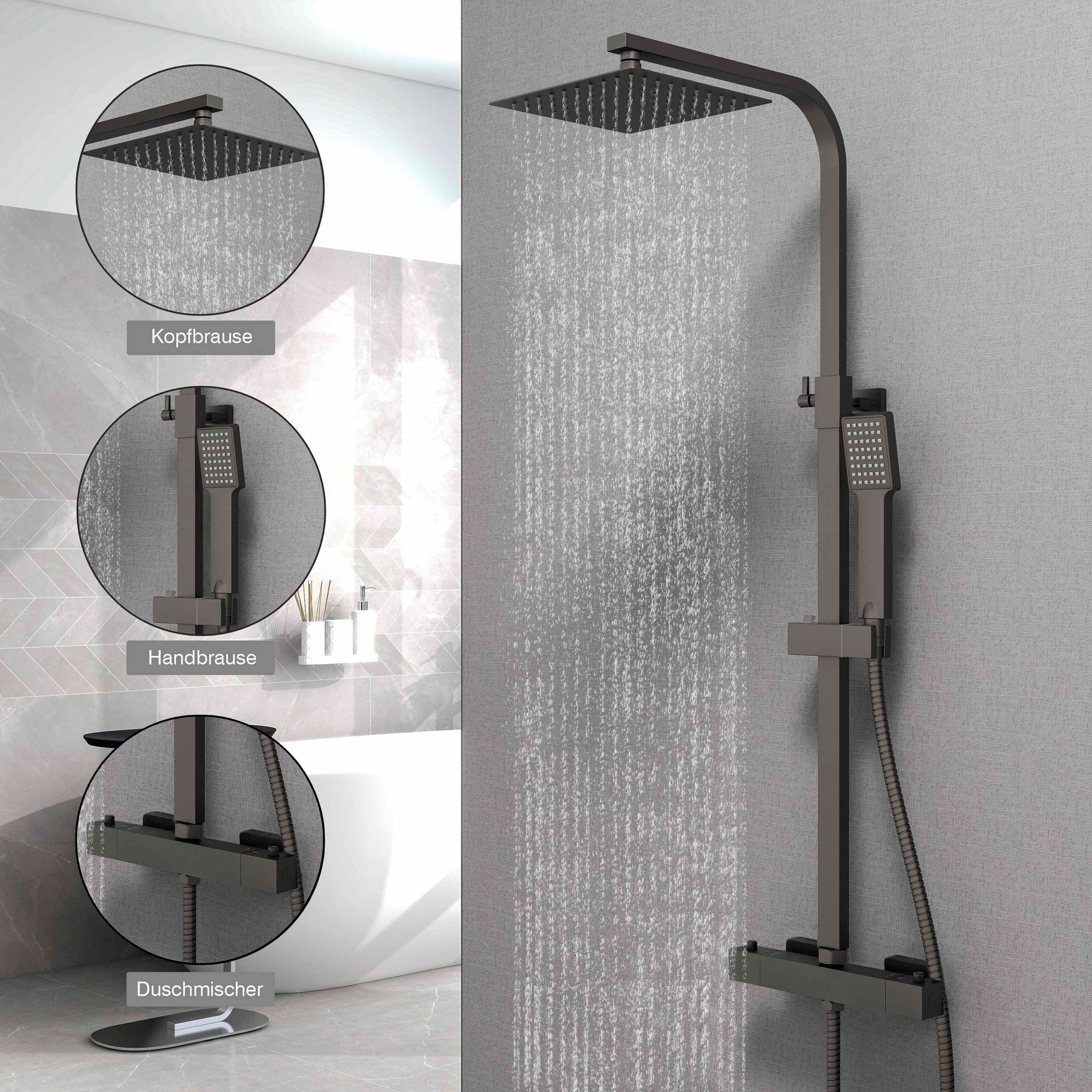 duschspa Duschsystem 20x20cm eckig Regenduschset mit Kopfbrause, Wandmontage mit Thermostat Regendusche Chrom/Schwarz Quadratisch