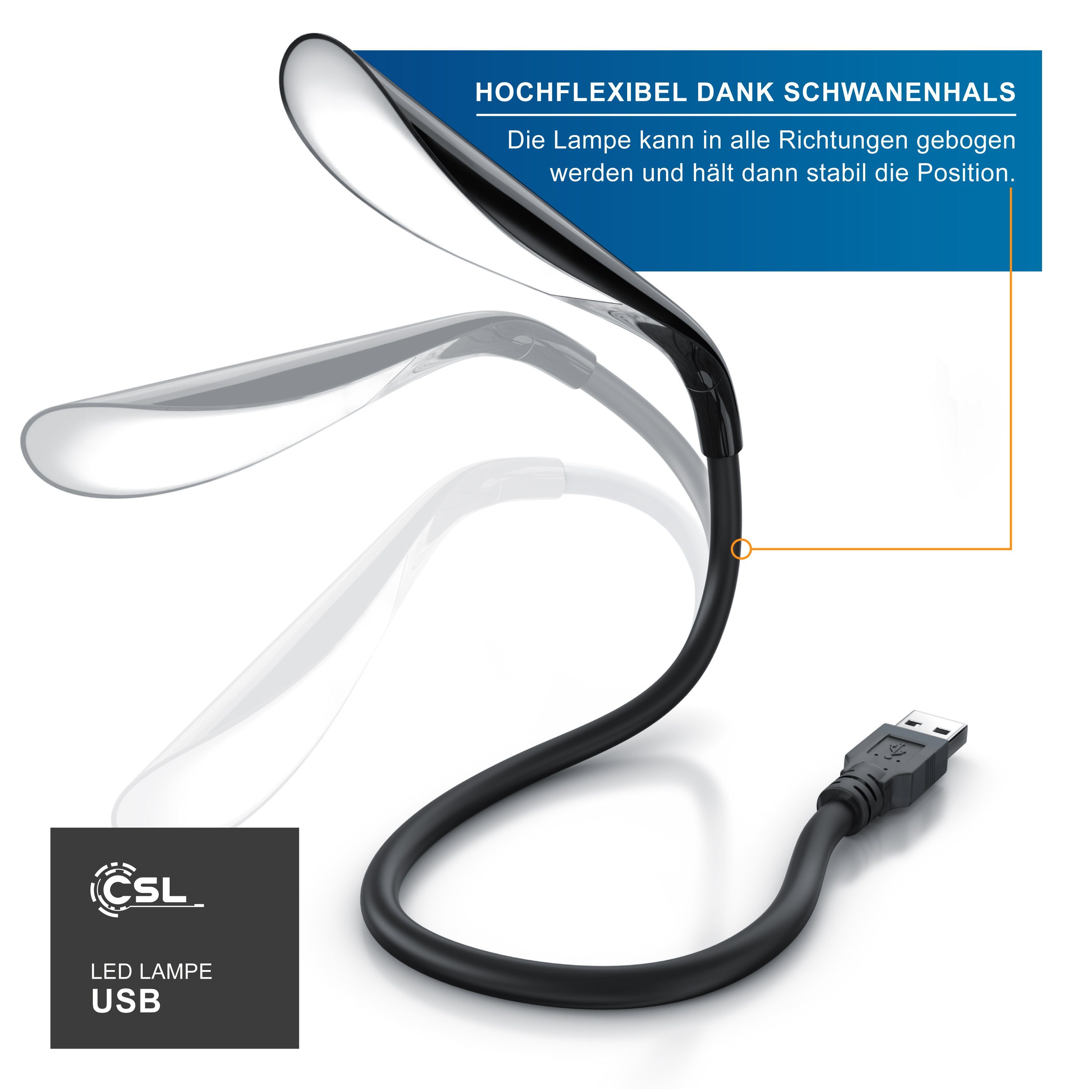 LED integriert, LED Touch-Bedienung, SMD-LED USB 3 Leselampe Lampe mit schwarz fest flexibel Schwanenhals Anschluss mit Helligkeitsstufen; CSL Leselampe,