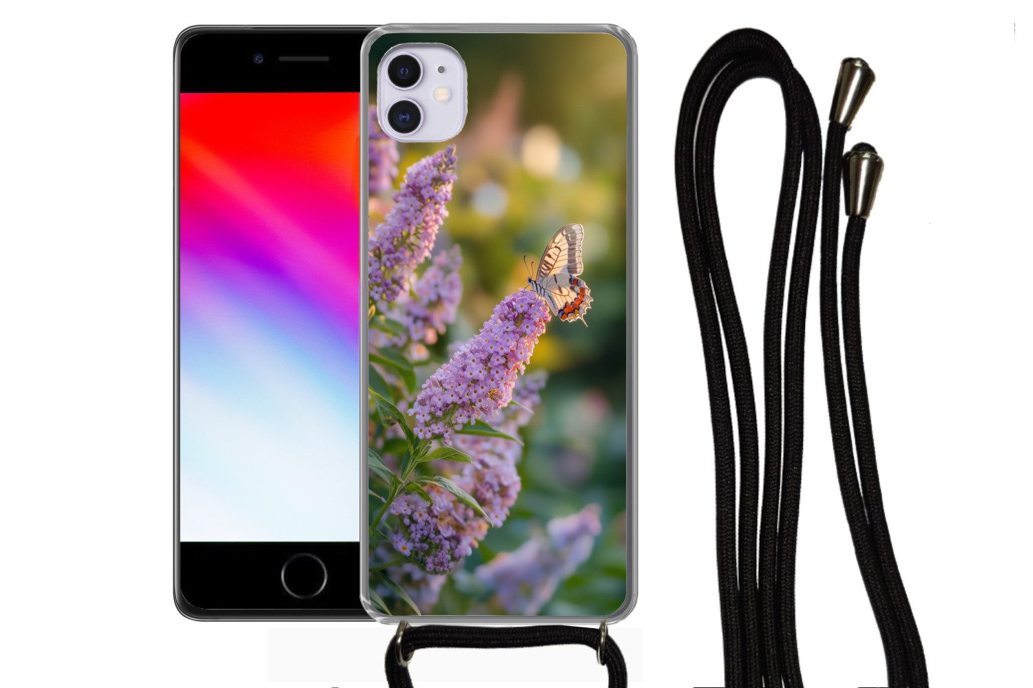 MuchoWow Handyhülle für Apple iPhone 12 Mini Verschnörkelt - Schmetterling - Lila - Blumen, Tragbare Handyhüllen mit Kette zum umhängen, Handykette Handyband