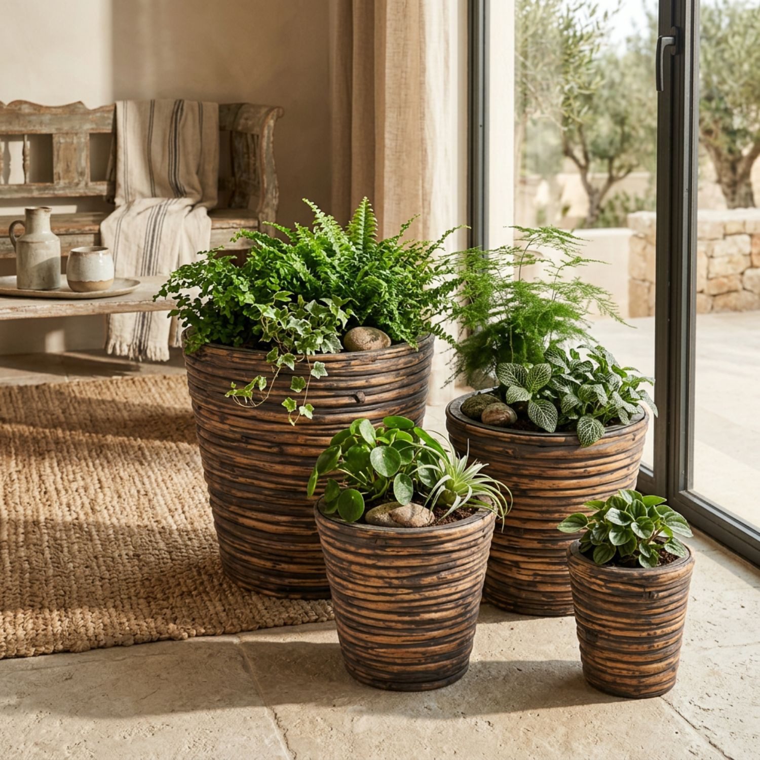 Marrakesch Orient & Mediterran Interior Übertopf 4er Set Boho Pflanzkorb Rattan handgefertigt in Braun 27 cm Dekoration (4 St), Handarbeit
