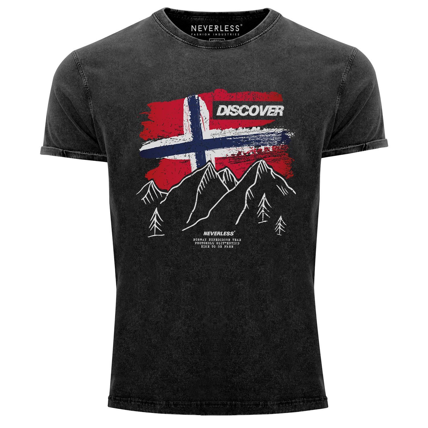 Neverless Print-Shirt Herren Vintage Shirt Frontprint Norwegen Flagge Berge günstig online kaufen