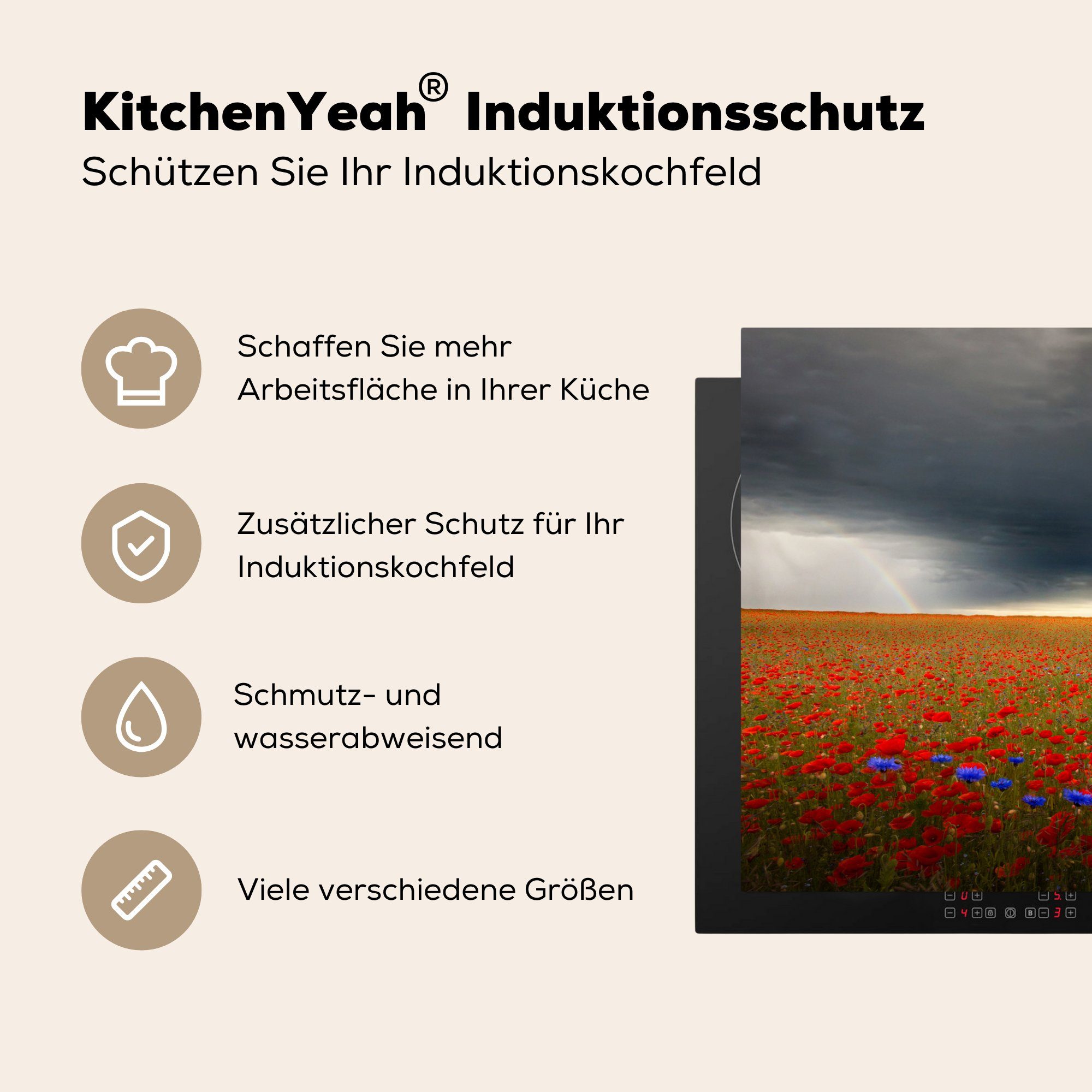 die cm, Rot 81x52 tlg), - küche, MuchoWow Induktionskochfeld Vinyl, Schutz Herdblende-/Abdeckplatte Grau, Ceranfeldabdeckung Blumen (1 für -
