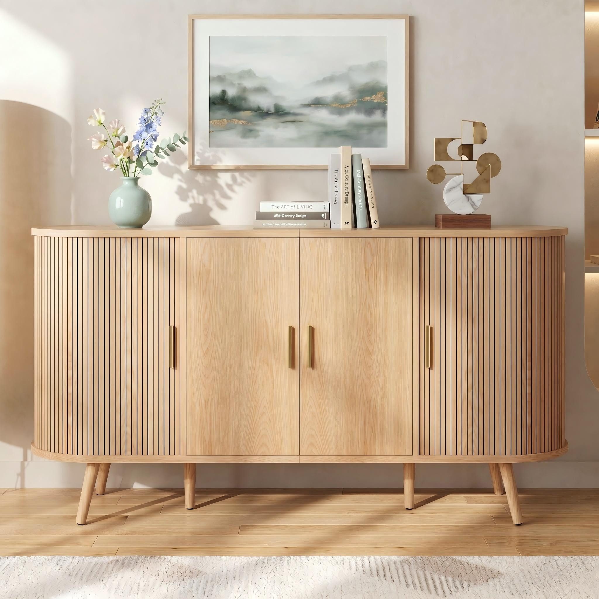 Totnz Sideboard mit 2 Drehtüren und 2 Schiebetüren, mit verstellbarem Einlegeboden (Rillendesign, Metallgriffen und Massivholzbeinen), für Esszimmer und Flur
