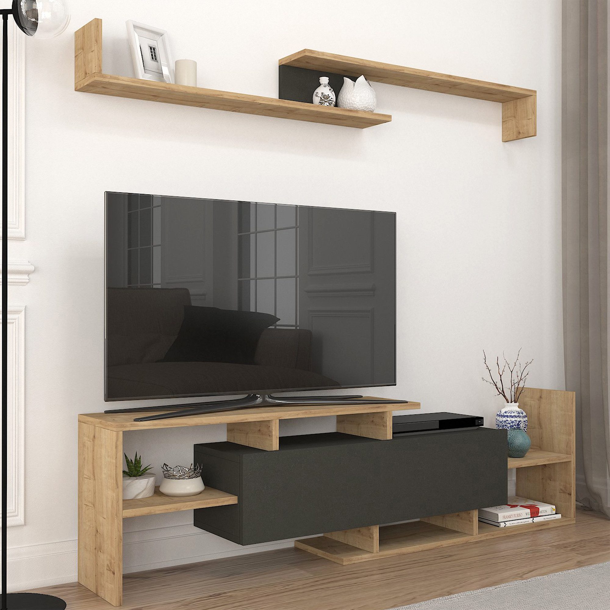 en.casa TV-Schrank »Liksefte« mit Wandregal 154x28x42 cm Saphir-Eiche/Schwa günstig online kaufen