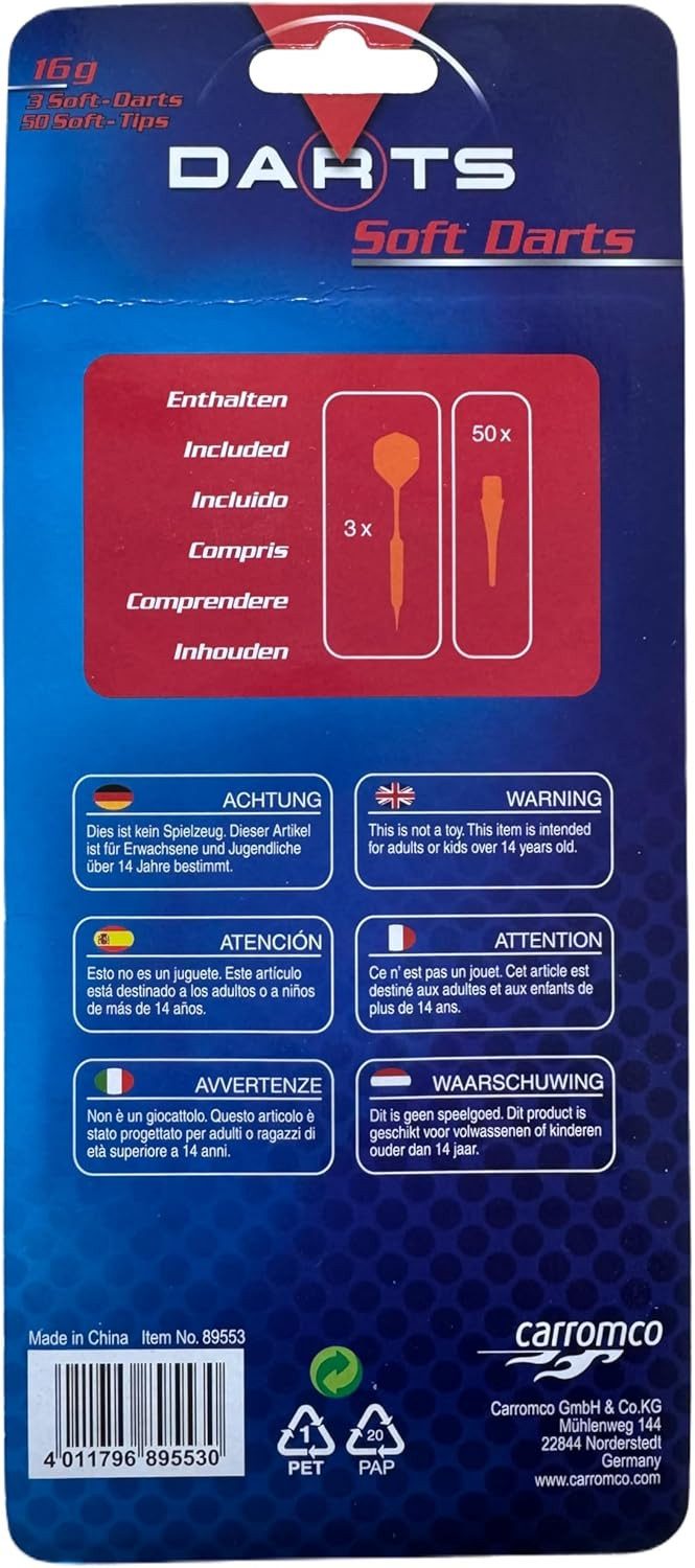 Carromco Softdarts 3 Dartpfeile mit Ersatzspitzen, Zubehör für E-Dart, 3 Extra Flights