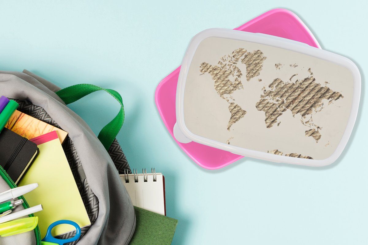 Braun, MuchoWow Brotbox - Erwachsene, Seil Lunchbox für rosa - Snackbox, Kinder, Mädchen, (2-tlg), Weltkarte Kunststoff Kunststoff, Brotdose