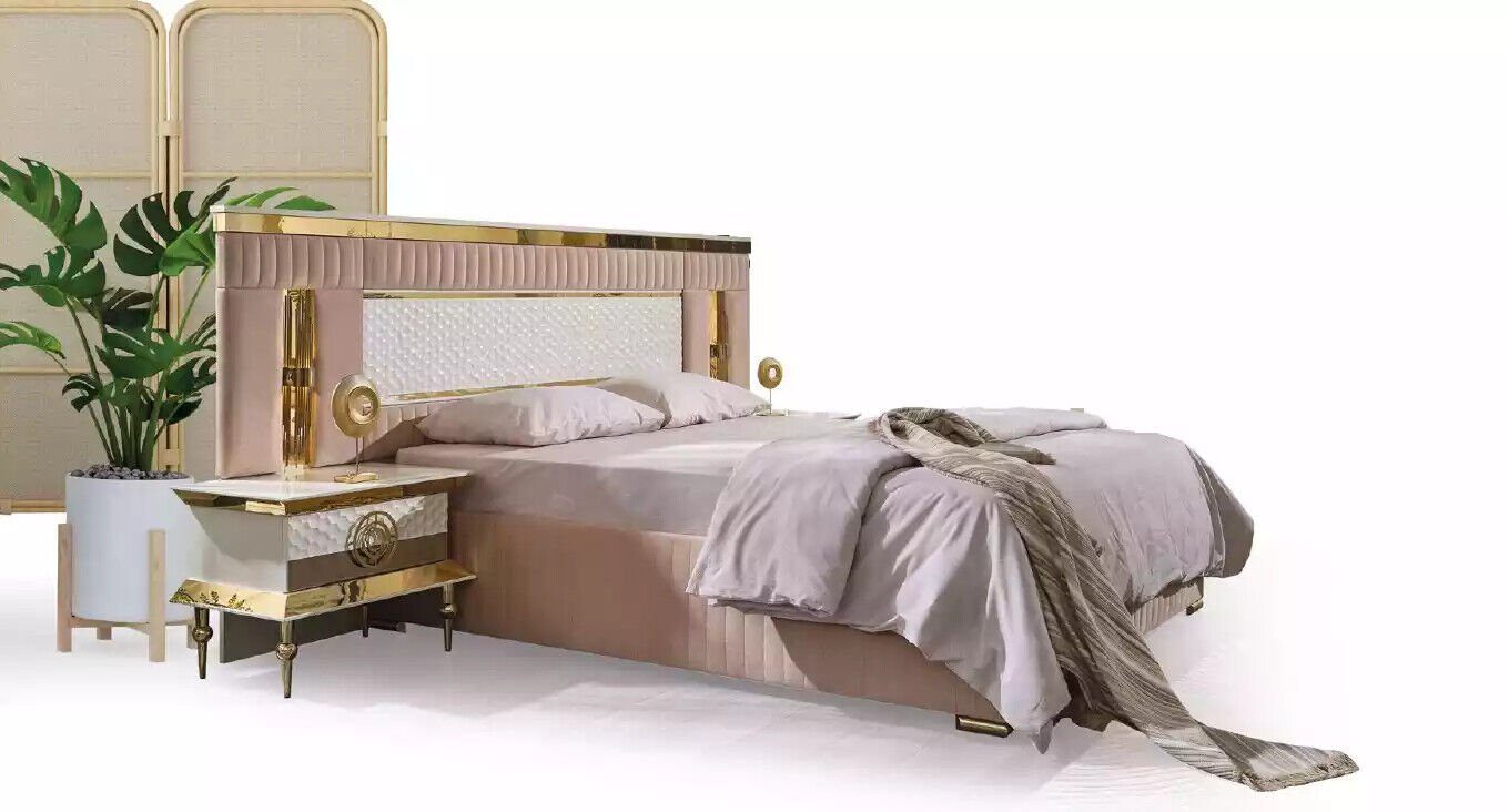 JVmoebel Schlafzimmer-Set Beige Schlafzimmer Garnitur Doppelbett 2x Nachttische Schlaftische, (3-St., 1x Bett + 2x Nachttische), Made in Europa