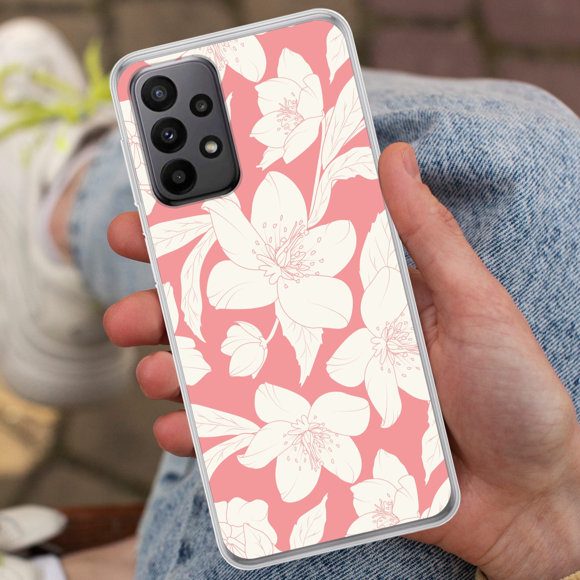 MuchoWow Handyhülle für Samsung Galaxy A23 5G Blumen - Muster - Rosa - Weiß, Smartphone-Bumper, Print, Handy Schutzhülle Dünn