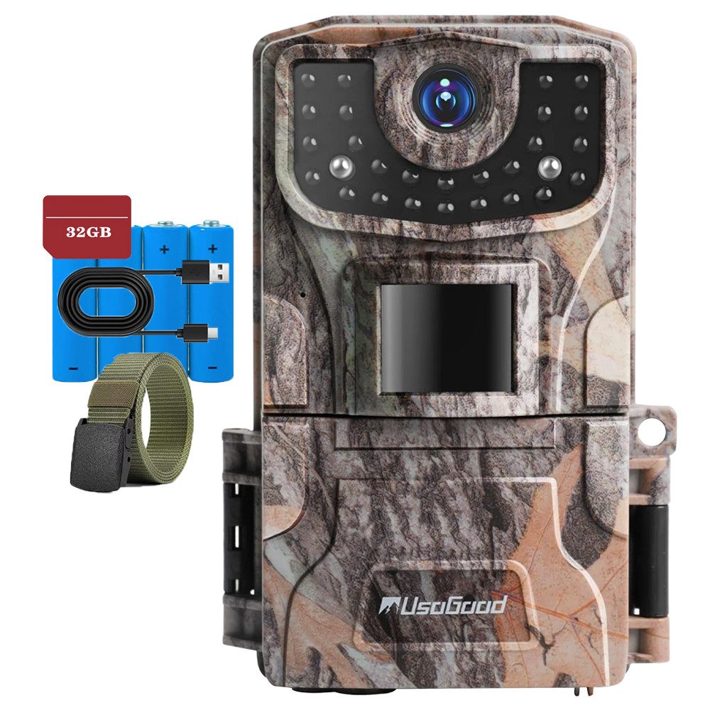 Usogood Wildkamera 2K 36MP Wildkamera Ohne WLAN, Wildtierkamera 850nm IR LEDs (Außenbereich, für die Tierbeobachtung Heim Sicherheit, mit Bewegungsmelder Nachtsicht Wildkamera Testsieger Jagd 0,2s Auslöser, 1-tlg., 120° Erfassungswinkel Infrarot Nachtsichtkamera Outdoor Testsieger, für den Garten mit 32GB Speicherkarte & 4 AA-Batterien)