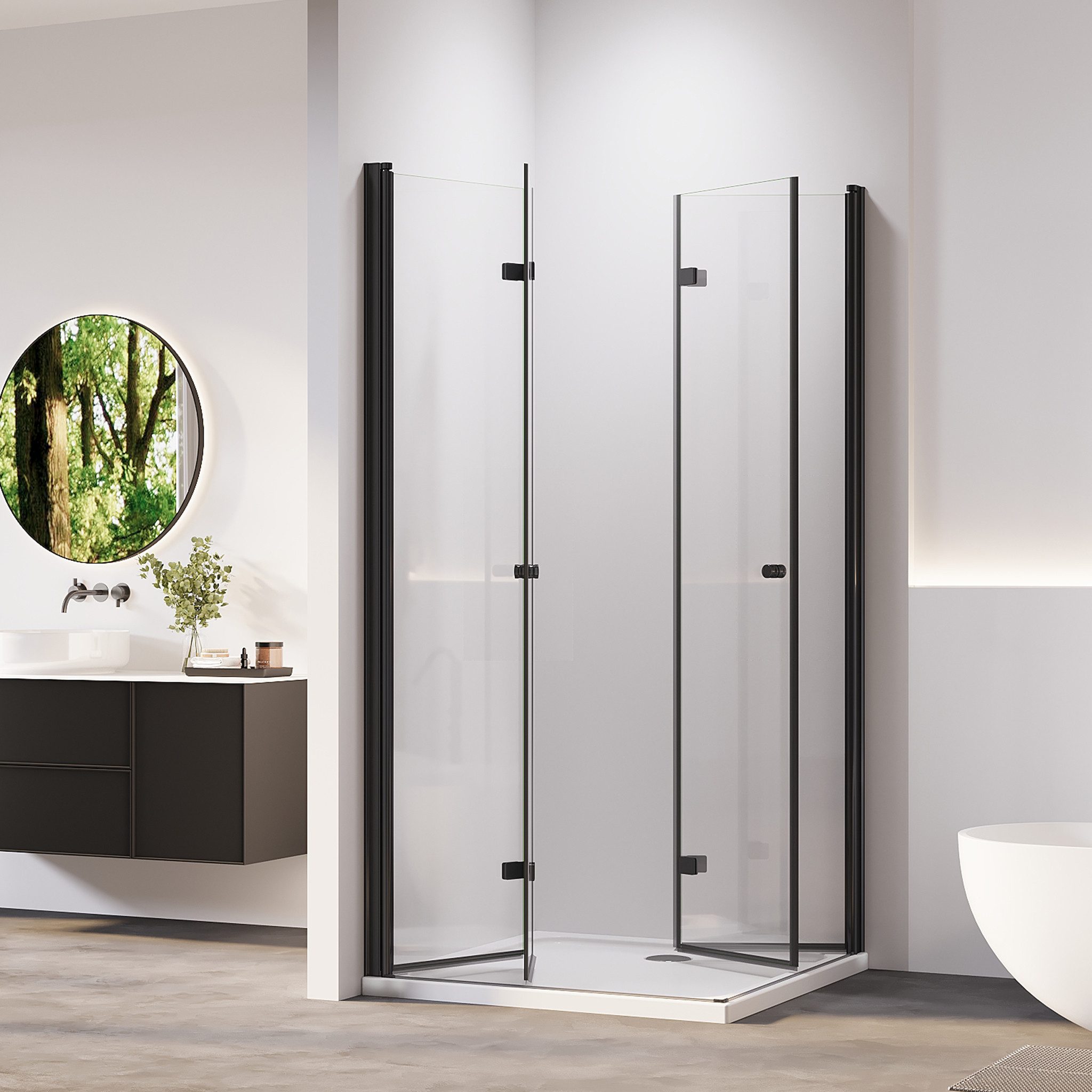 AmuseVera Eckdusche Falttür Duschwand Eckeinstieg Duschkabine Faltdusche Doppel Duschtüren, BxT: 70x70 cm, Einscheibensicherheitsglas, Set, mit hochwertigen Aluminiumprofilen in Schwarz, Faltdusche Falttürkabine Doppel Duschtür 180º Drehfalttür