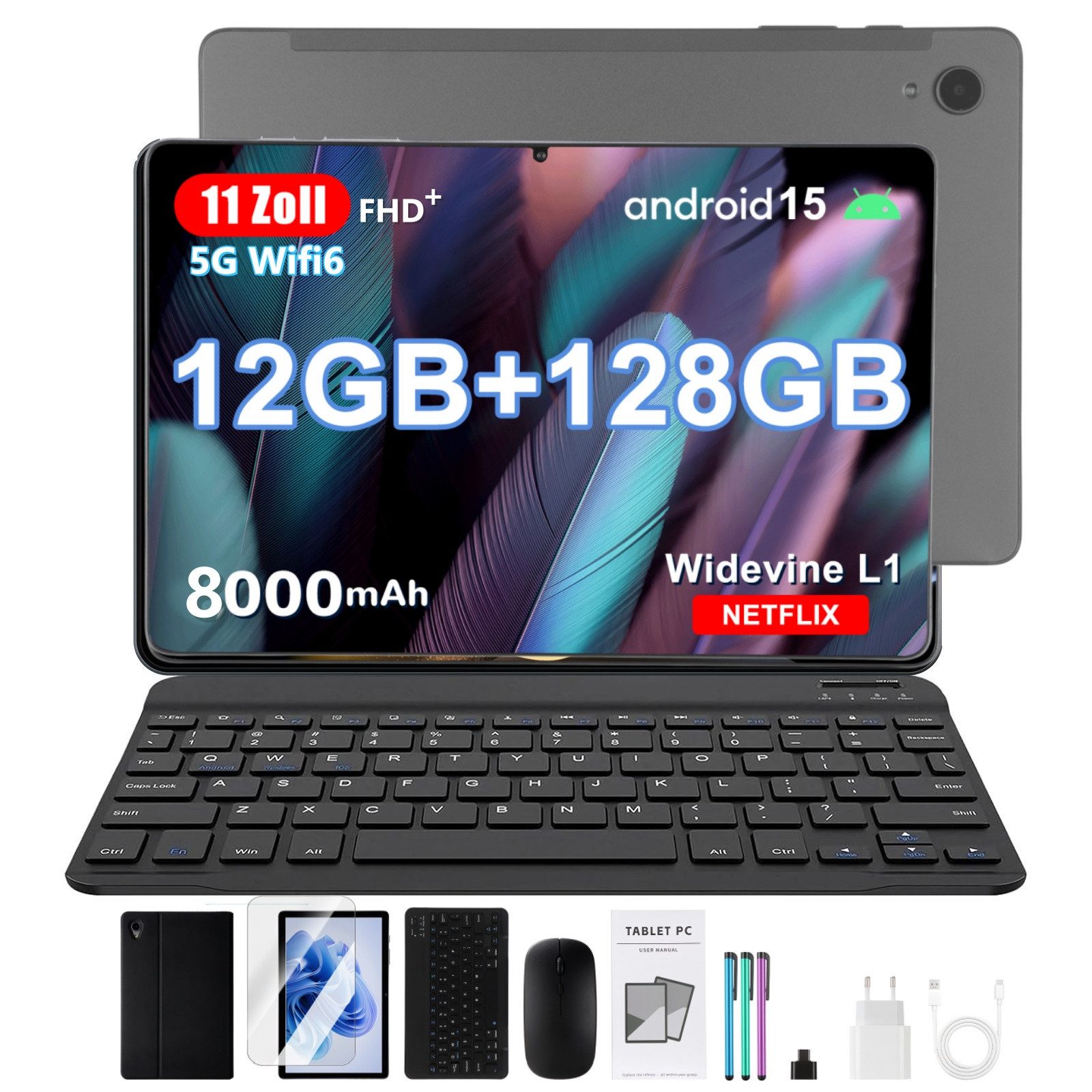 oyajia R95 11 Zoll Android 15 Octa-Core-Prozessor (12+128)GB 8000mAh 16MP+8MP Tablet (10.1", 128 GB, Android 15, 2G (GSM), 3G (WCDMA), 4G (LTE), WIFI5, GPS SIM-Kartenslot, Gesichtserkennung, Ledertasche für Tastatur)