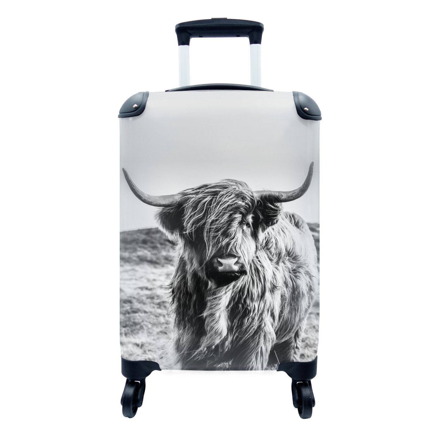 MuchoWow Handgepäckkoffer Scottish Highlander - Schwarz - Weiß, 4 Rollen, Reisetasche mit rollen, Handgepäck für Ferien, Trolley, Reisekoffer