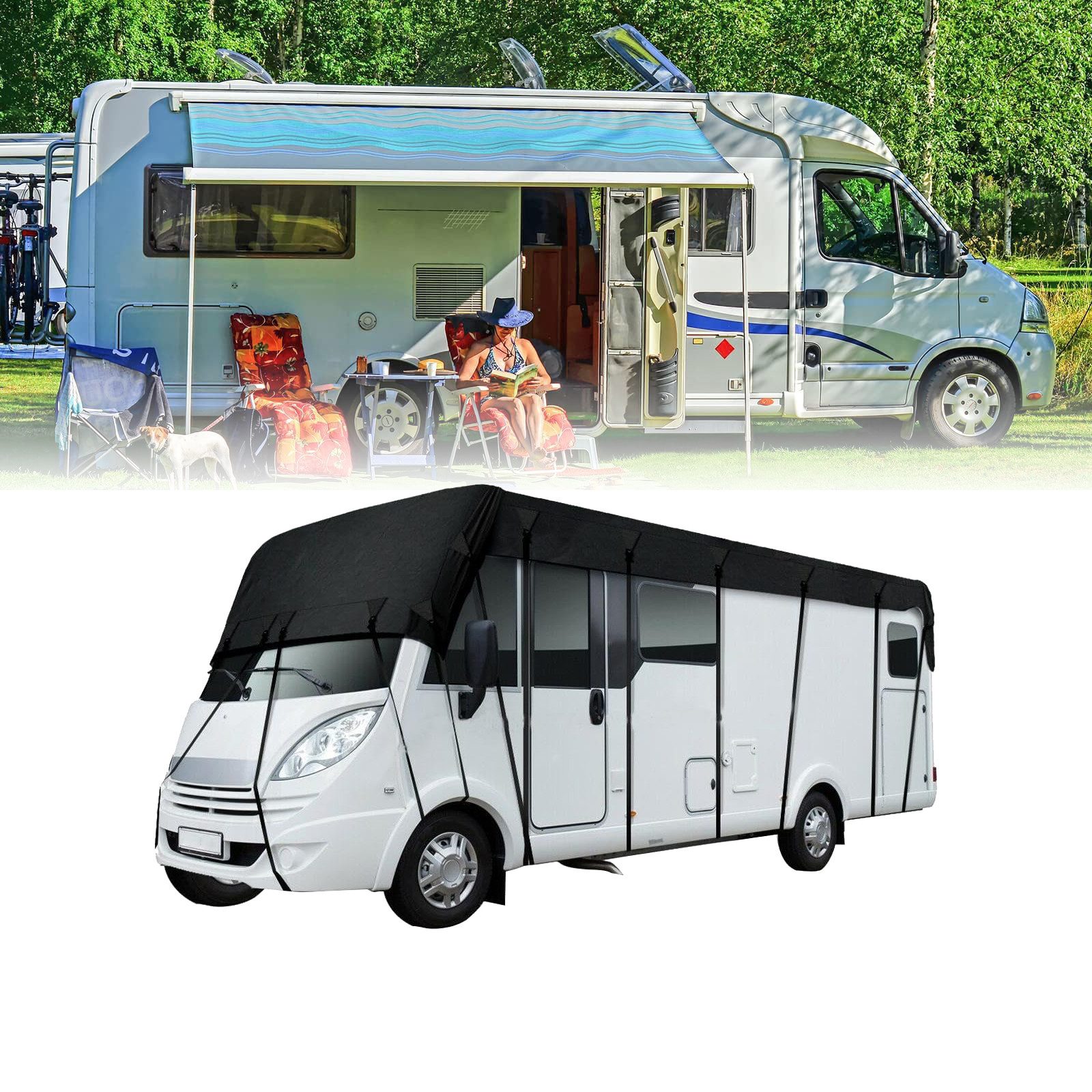 BlingBin Wohnmobilschutzhülle Wohnwagen Schutzhülle, 210D Oxford Wohnmobil Dachschutzplane Abdeckung (1er Set, 1-St., 6,5x3m), Wohnwagen Wohnmobilabdeckungen für Wasserdicht, Sonnensicher Winddicht