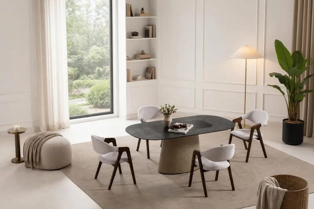 Xlmoebel Esstisch Ovaler Esstisch in Schwarz mit Steinoptik für modernes Esszimmer, Made in Europa