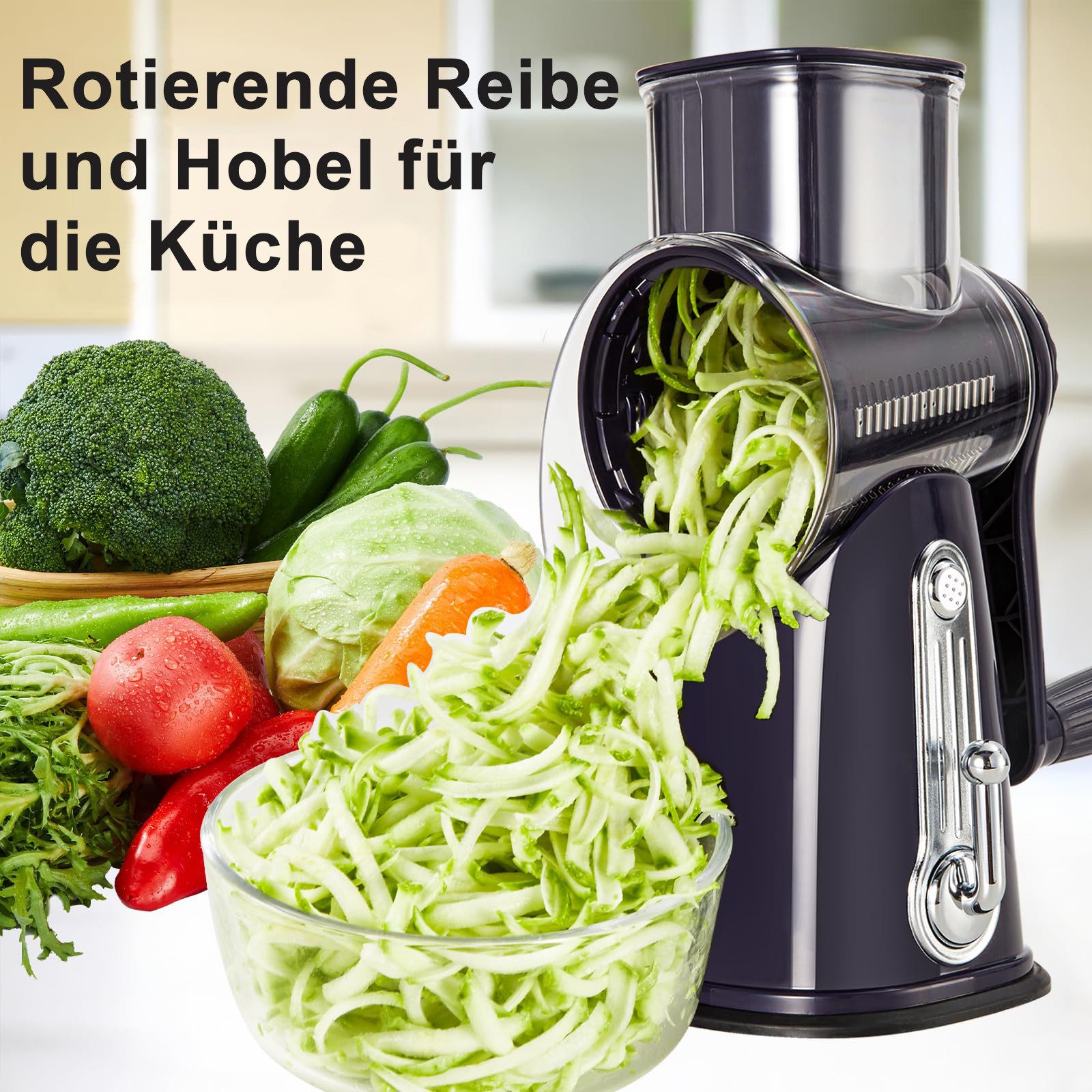 Rhein Beleuchtung Gemüsehobel 5-in-1 Rotationsreibe mit Kurbel & Saugnapf für Gemüse & Käse, 18/10 Edelstahl, Kunststoff, (Set, 1-St., Multifunktionaler Küchenh – Bild 5 von 5