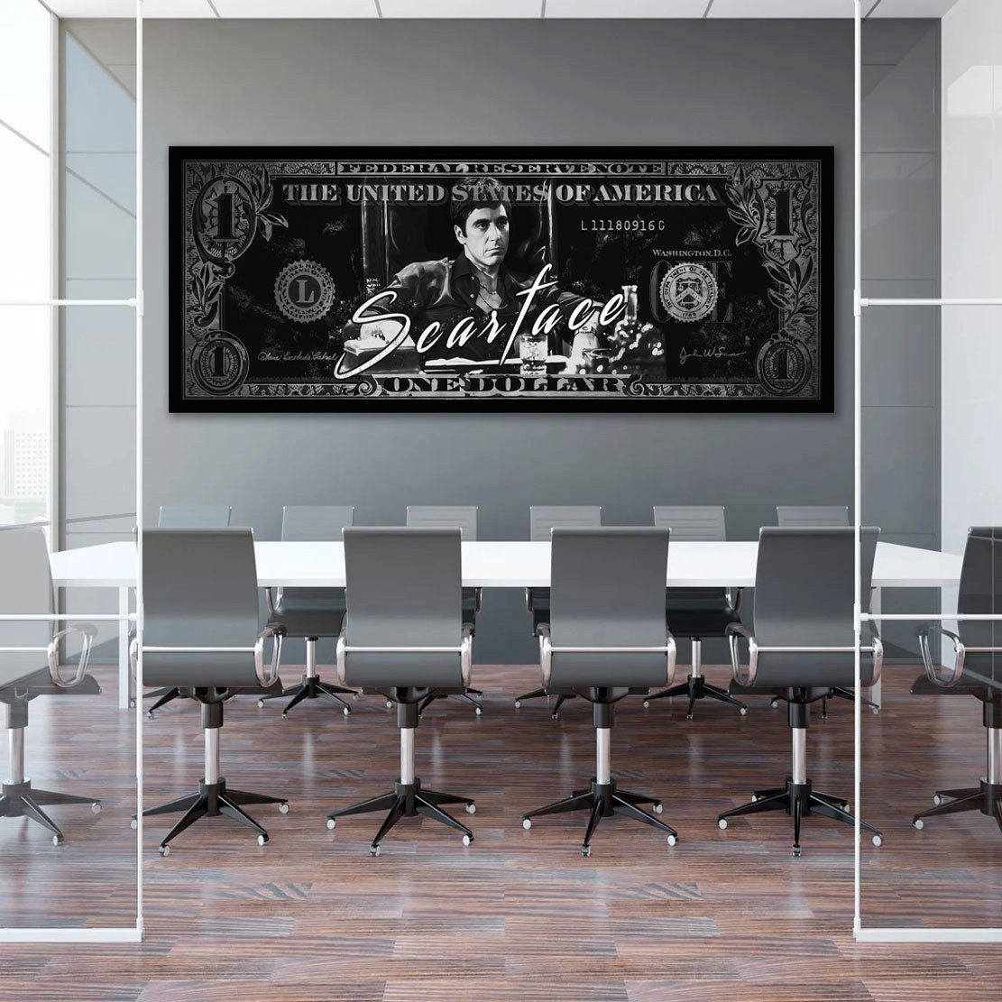 Artedinoi Leinwandbild Scar face schwarz weiß Leinwandbild Wandbild Dollar Kunstdruck XL Wand, Gangster in Schwarz-Weiß mit Dollar