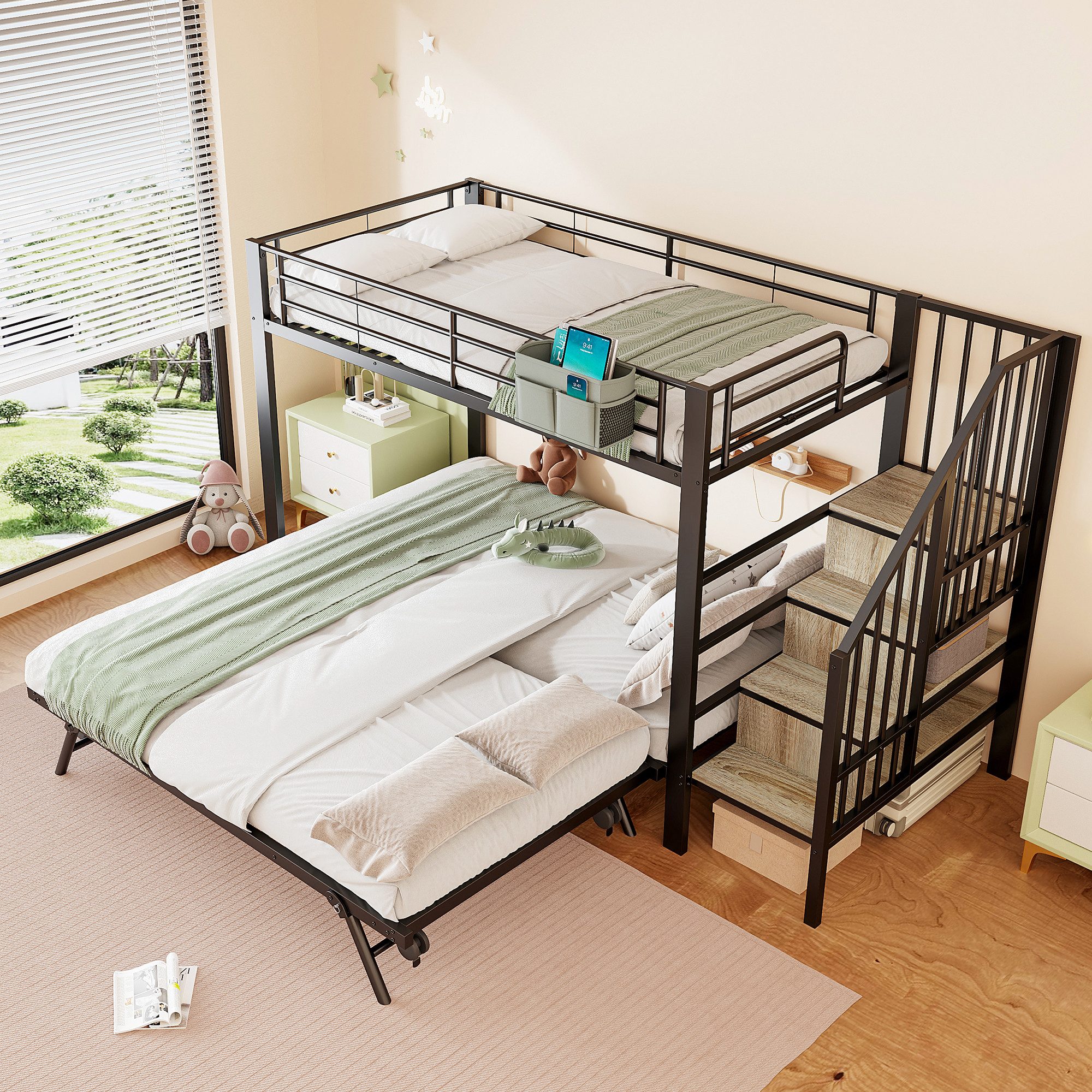 REDOM Etagenbett mit ausziehbarem Zusatzbett 180 x 200 cm (Stauraumtreppe und Stofftaschen, Metallbett Gästebett, 90 x 200 cm & 180 x 200 cm), ohne Matratze