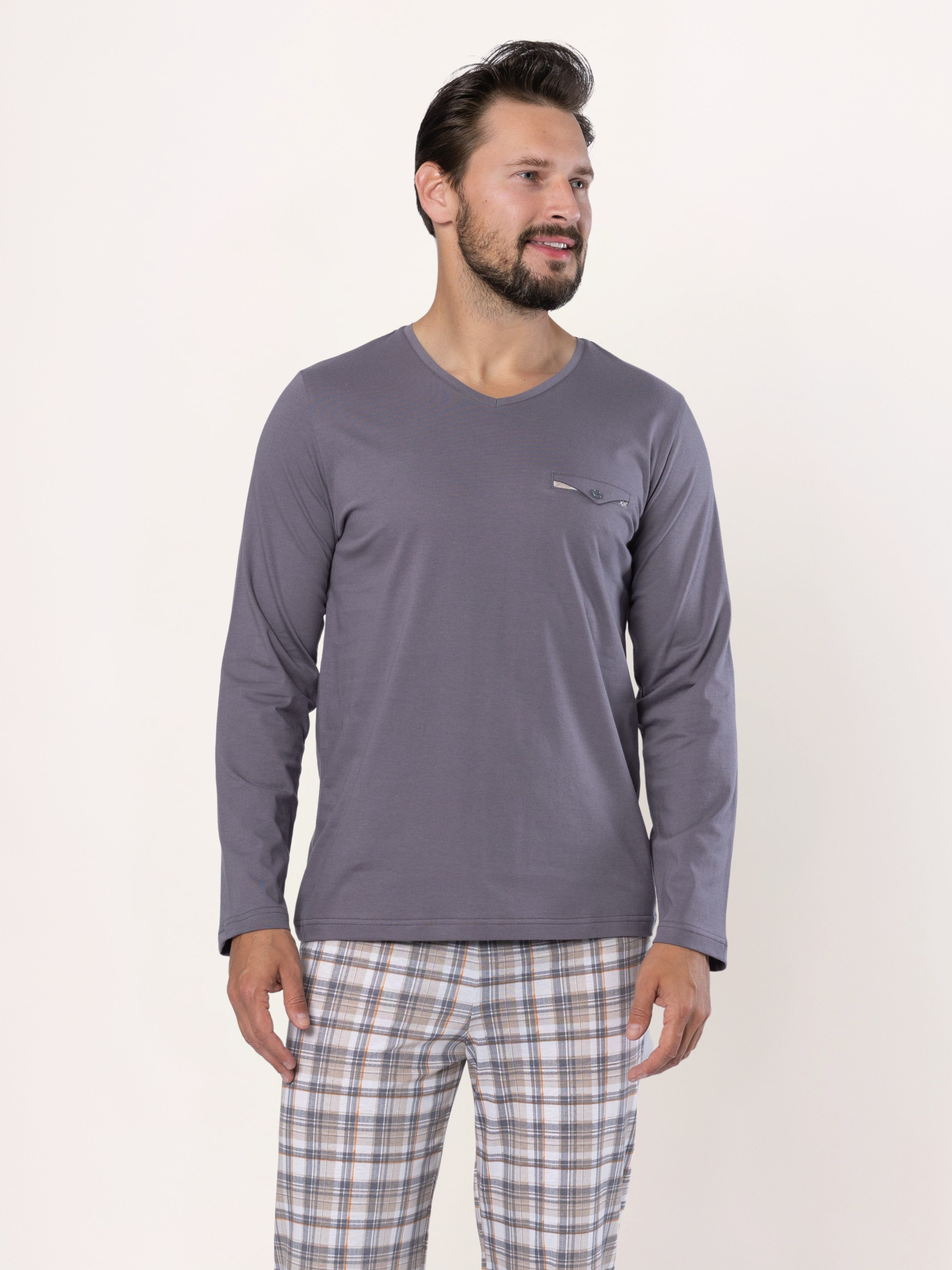 HOTBERG Pyjama langer Schlafanzug aus Baumwolle (2 tlg) Karo-Pyjamahose, Made in EU
