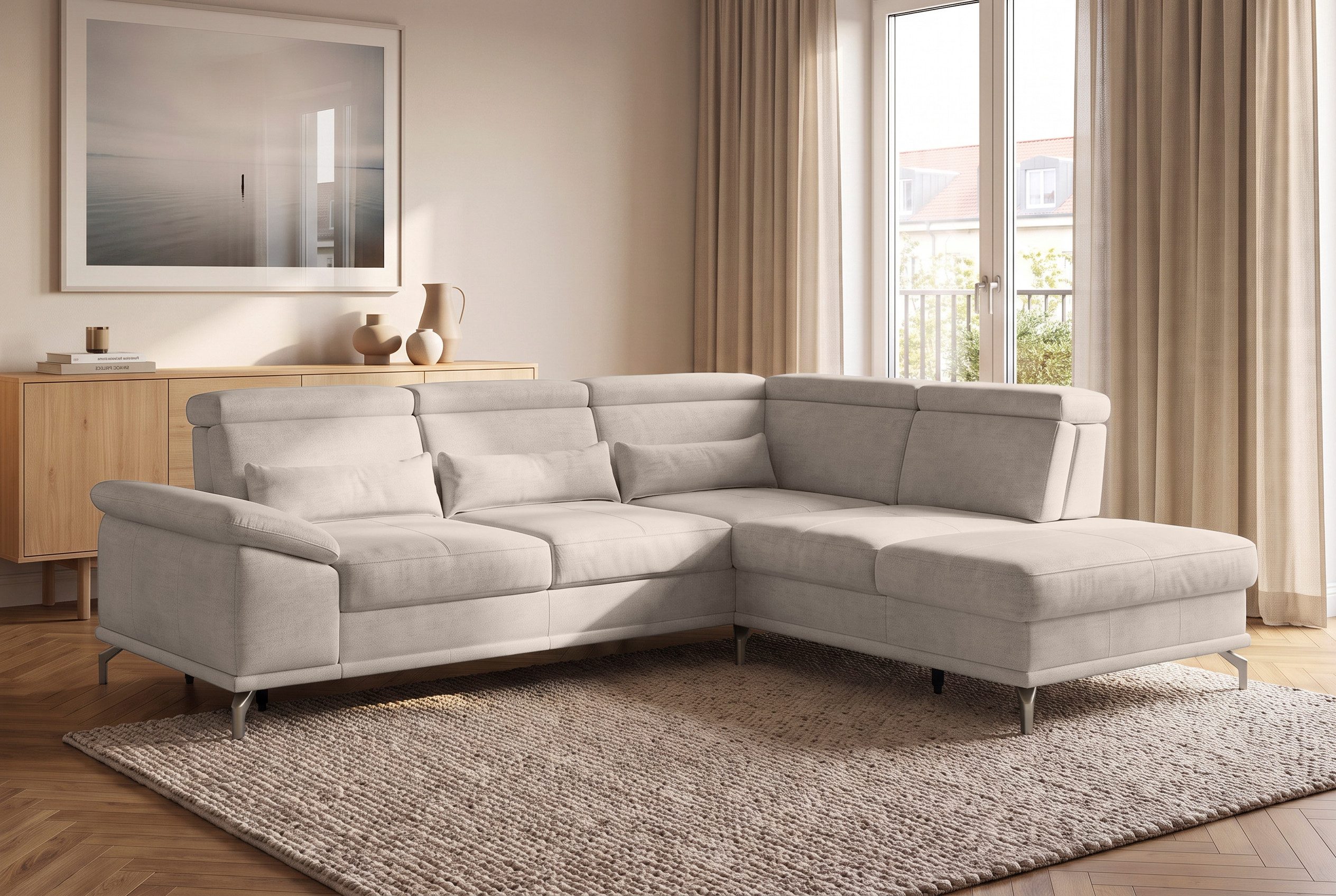 sit&more Ecksofa Cabrio L-Form, B: 274 cm, mit Sitztiefen-, Arm- & Kopfteilverstellung, 3 Nierenkissen, Federkern, optional Schlaffunktion und Stauraum