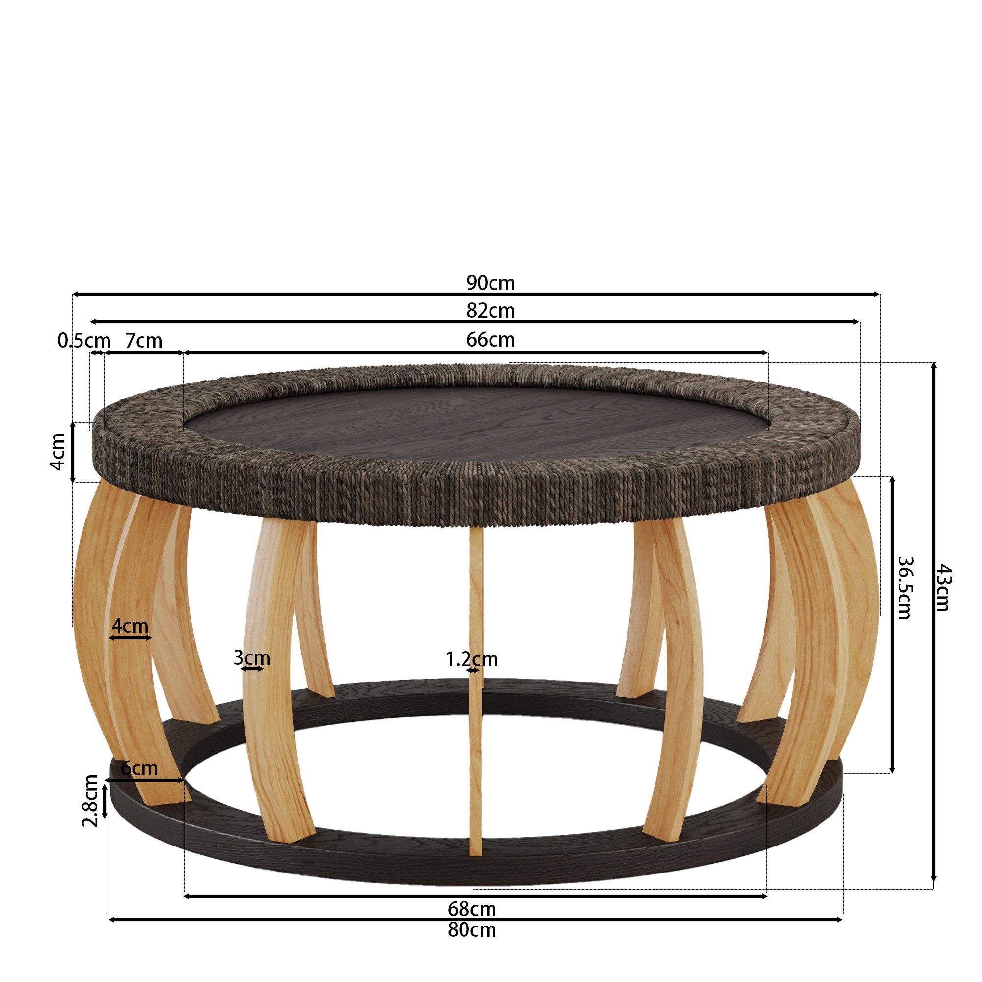 Celya Couchtisch Runder Couchtisch aus Massivholz mit geschwungenen Beinen Rund 90 cm (Rattan Wohnzimmertisch,im Bohème-Stil,50 kg Tragfähigkeit), Beistelltisch für Wohnzimmer, Esszimmer und Küche,Schwarz